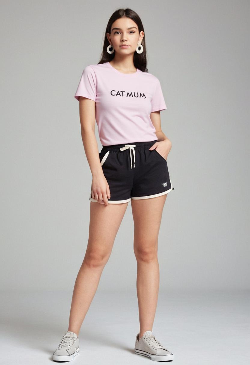 Woman wearing a pink t-shirt with 'CAT MUM' text and black shorts on a gray background