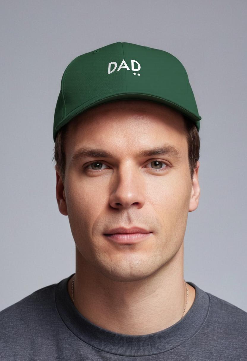 Man wearing a green cap with 'DAD' text on a gray background