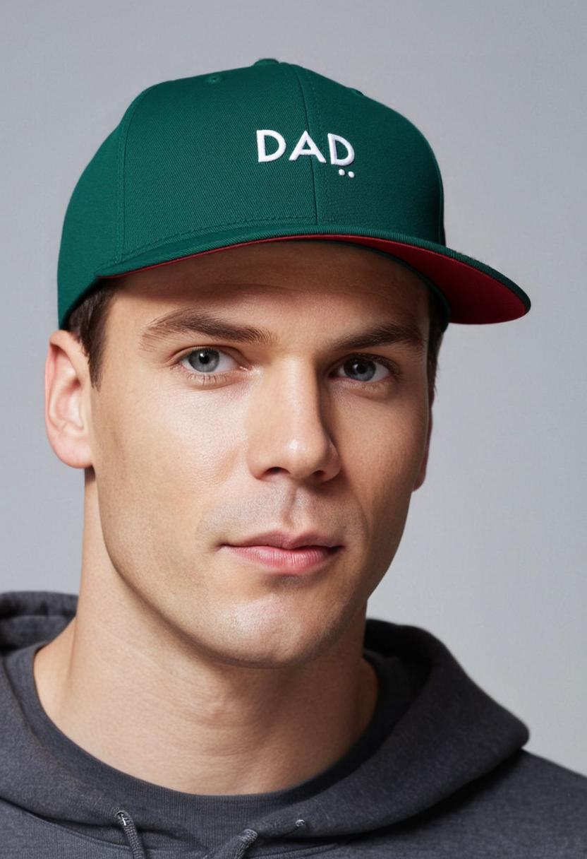 Man wearing a green cap with 'DAD' on it against a gray background