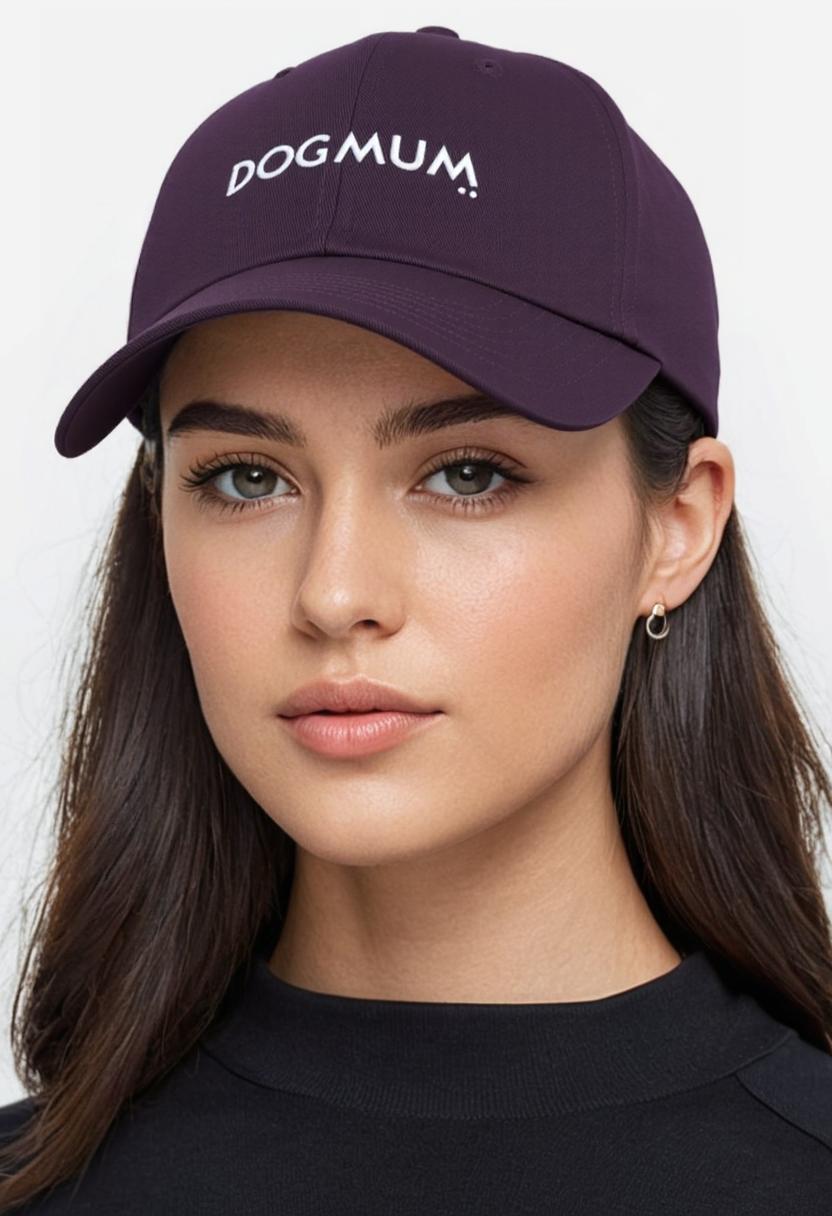 Woman wearing a purple cap with 'DOGMUM' text on a plain background