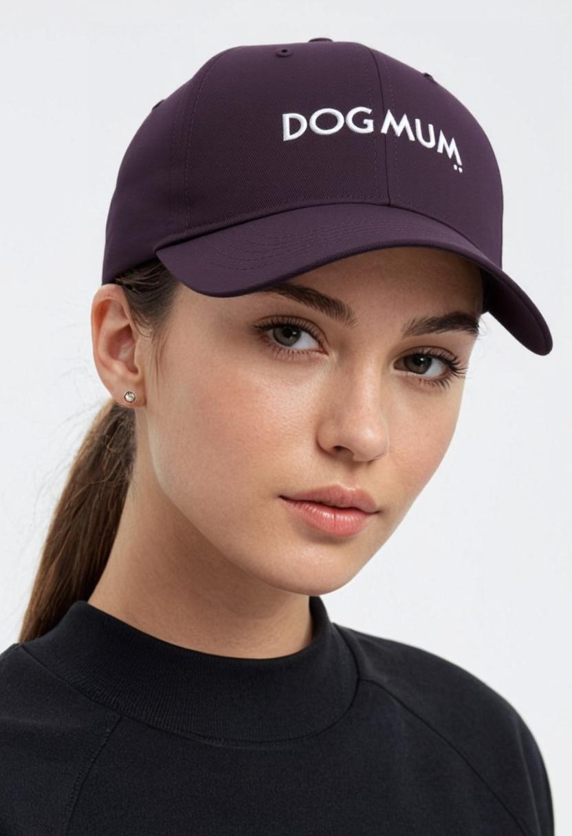 Woman wearing a purple cap with 'DOG MUM' text on a white background