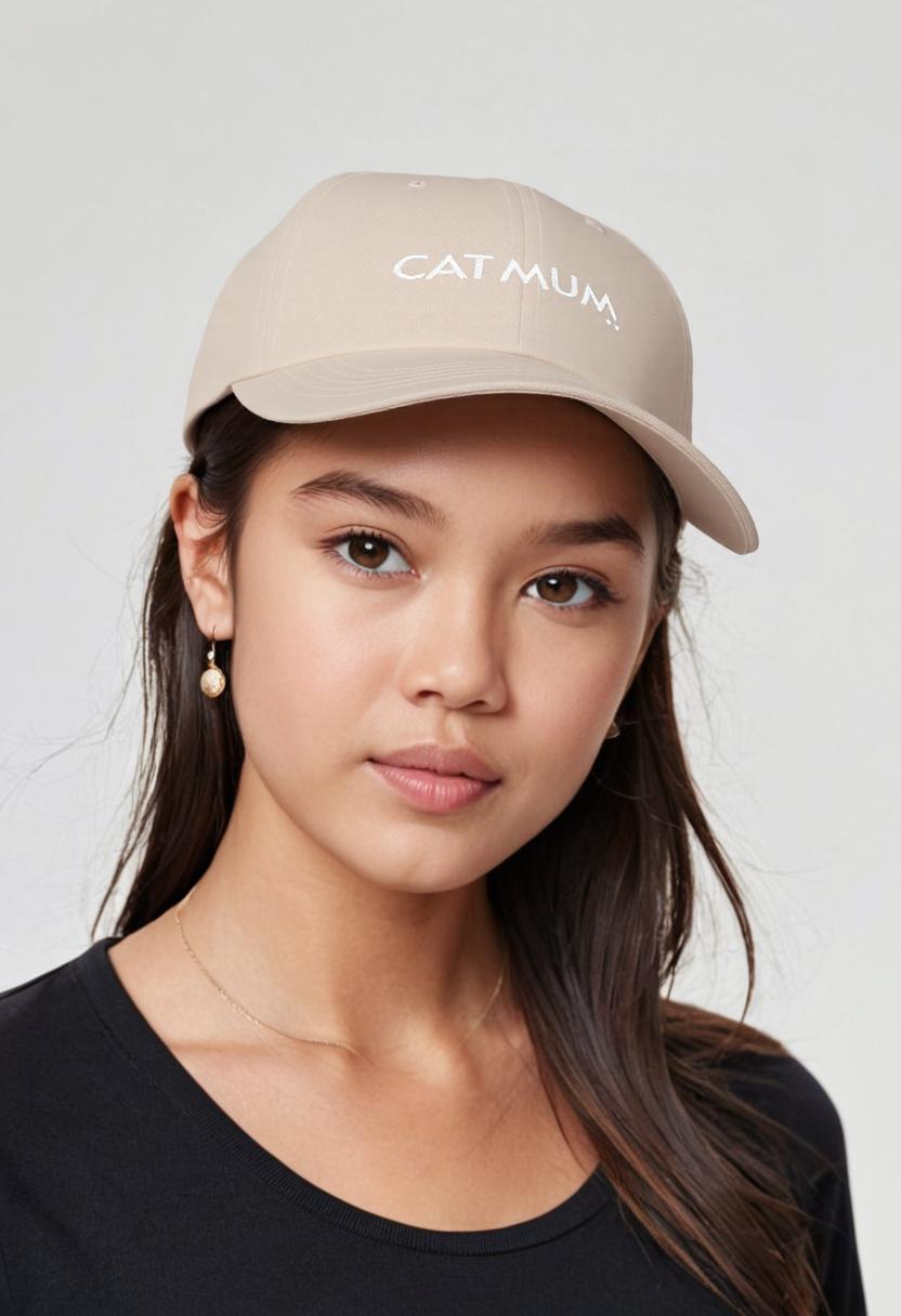 Woman wearing a beige cap with 'CAT MUM' text on a plain background