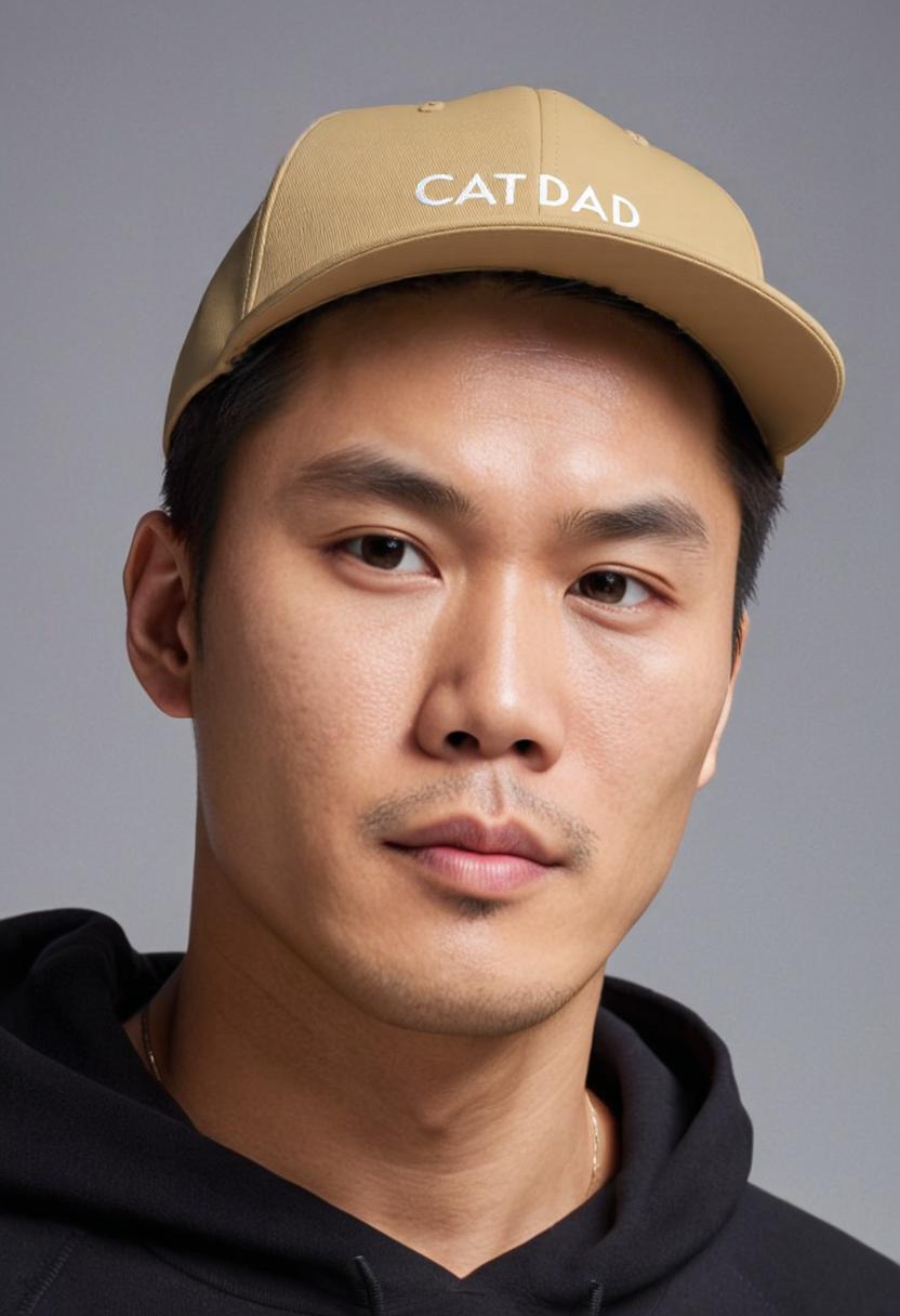 Man wearing a tan cap with 'CAT DAD' text against a gray background