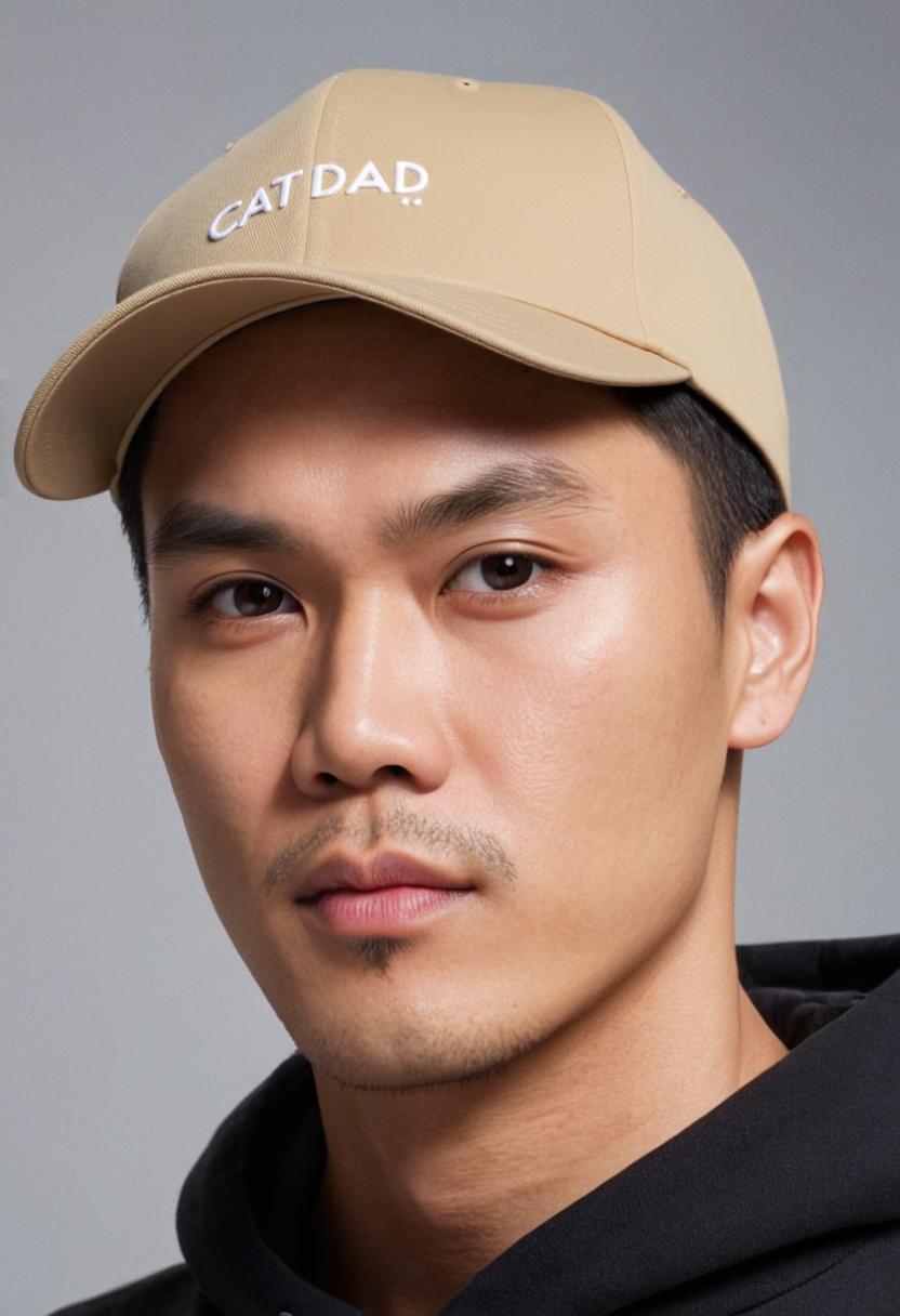 Man wearing a beige cap with 'CAT DAD' text on a gray background