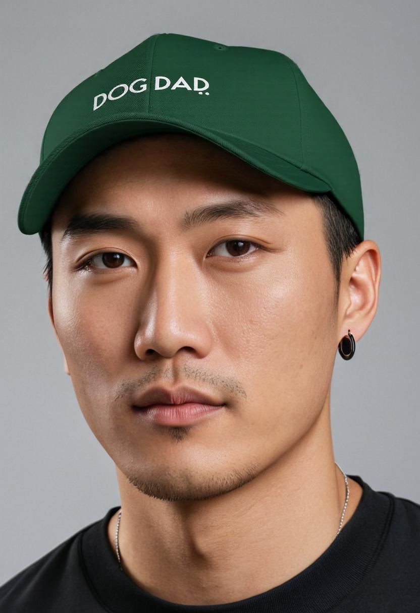 Man wearing a green cap with 'DOG DAD' text on a gray background