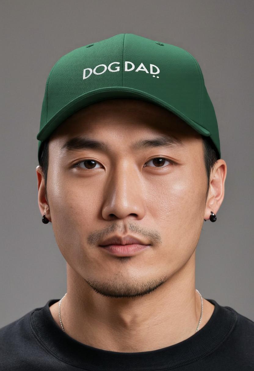 Man wearing a green cap with 'DOG DAD' text against a gray background