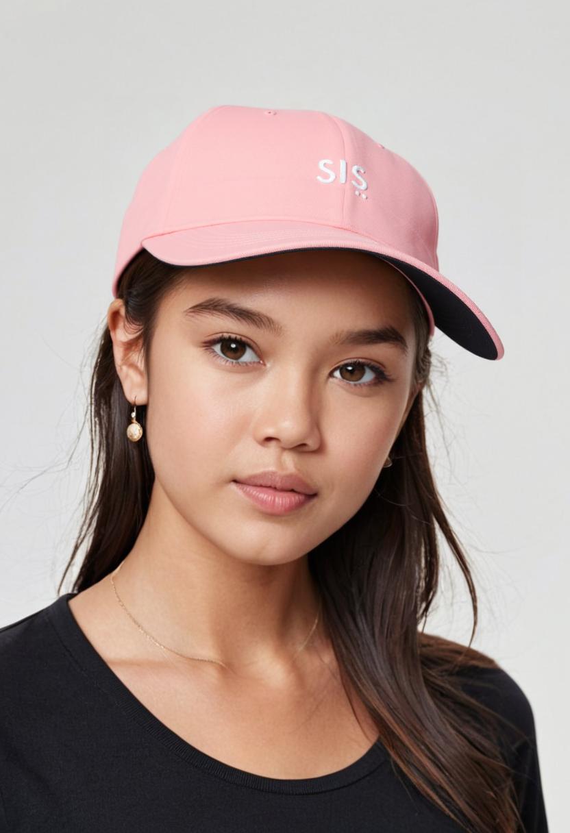 Person wearing a pink cap with 'SIS' logo on a plain background