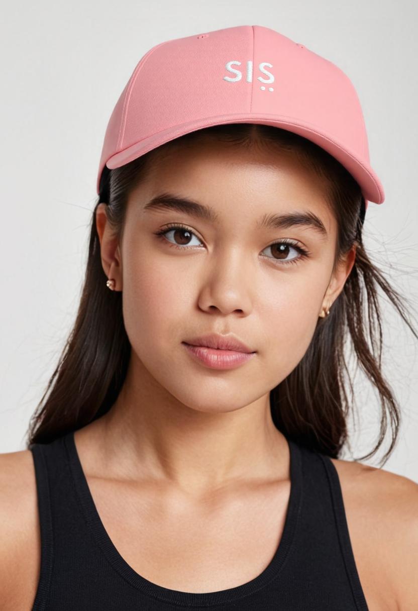 Person wearing a pink cap with 'SIS' on it against a plain background