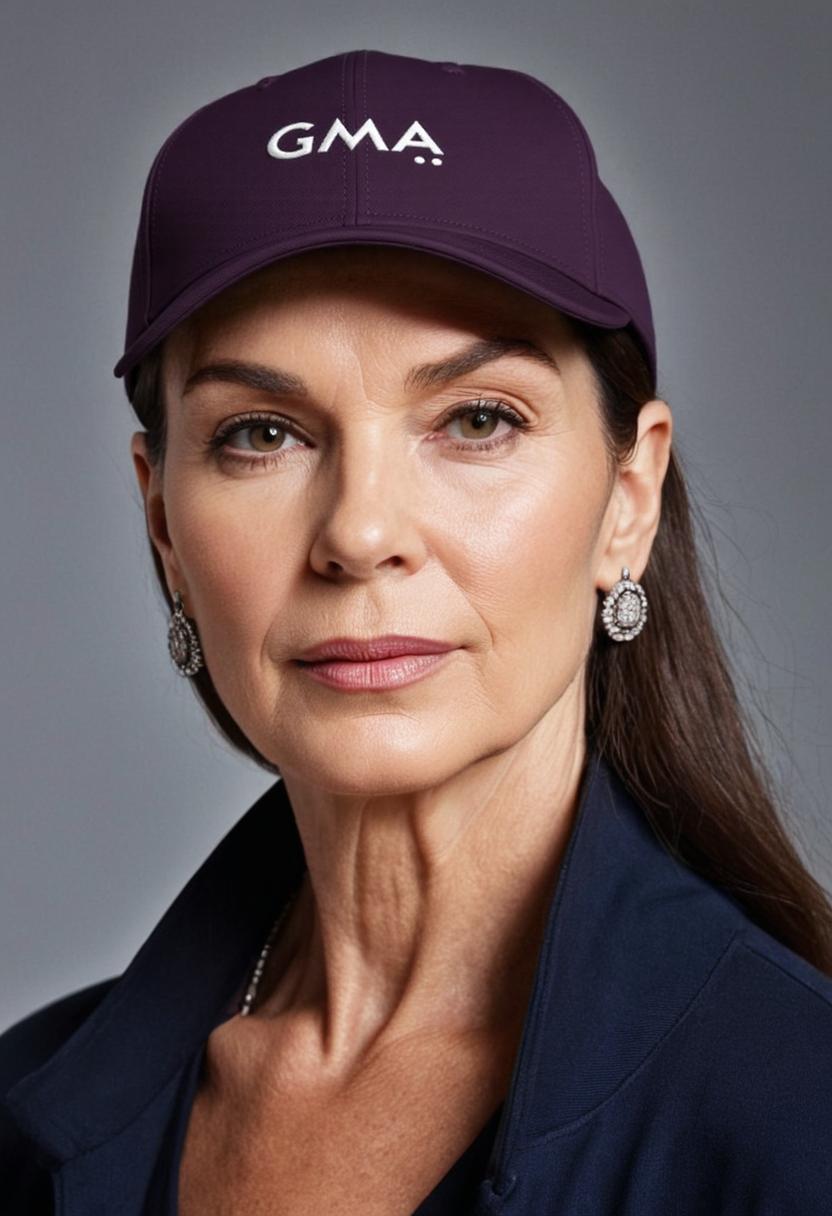 Woman wearing a purple cap with 'GMA' logo against a gray background