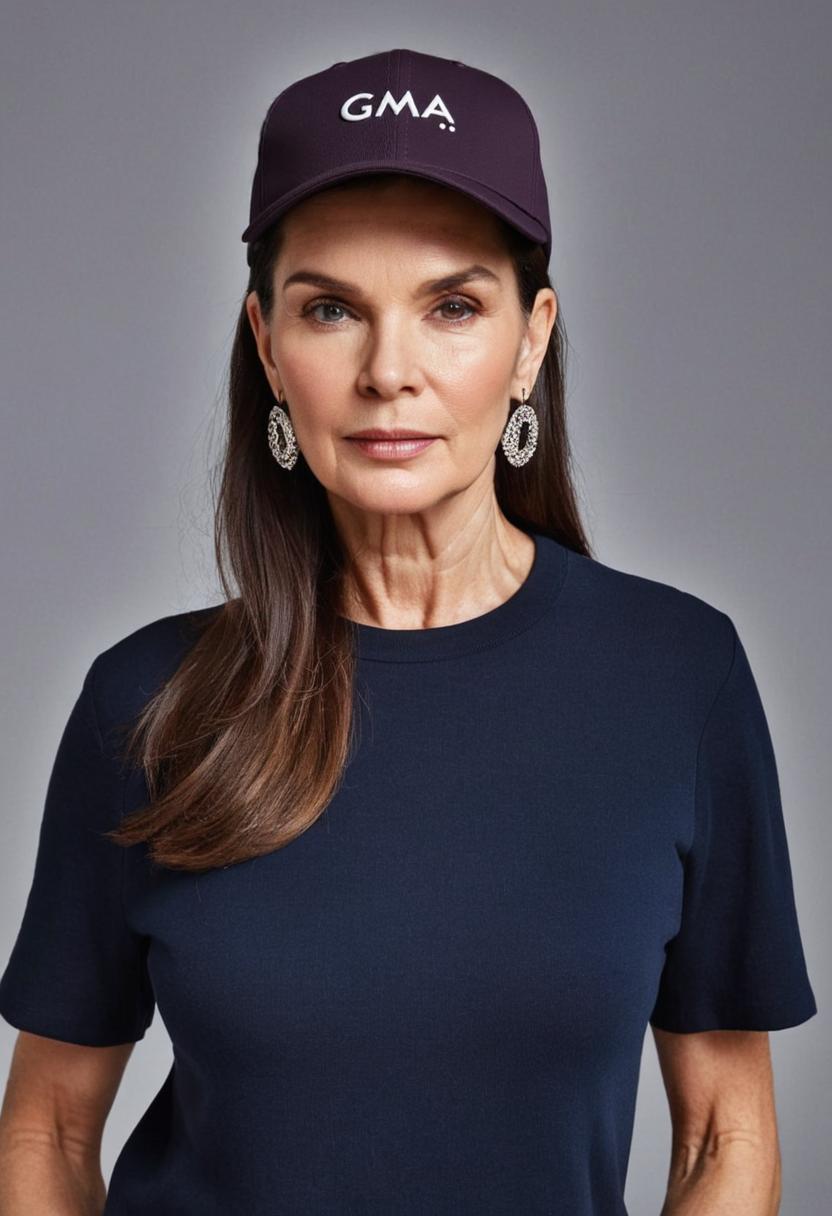 Woman wearing a navy blue cap with 'GMA' logo and matching navy shirt against a gray background