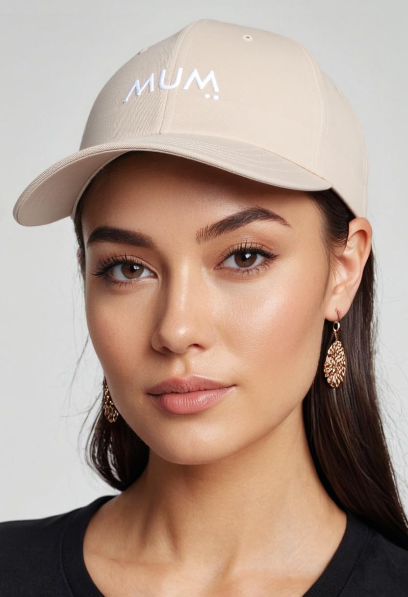 Woman wearing a beige cap with 'MUM' text on a plain background