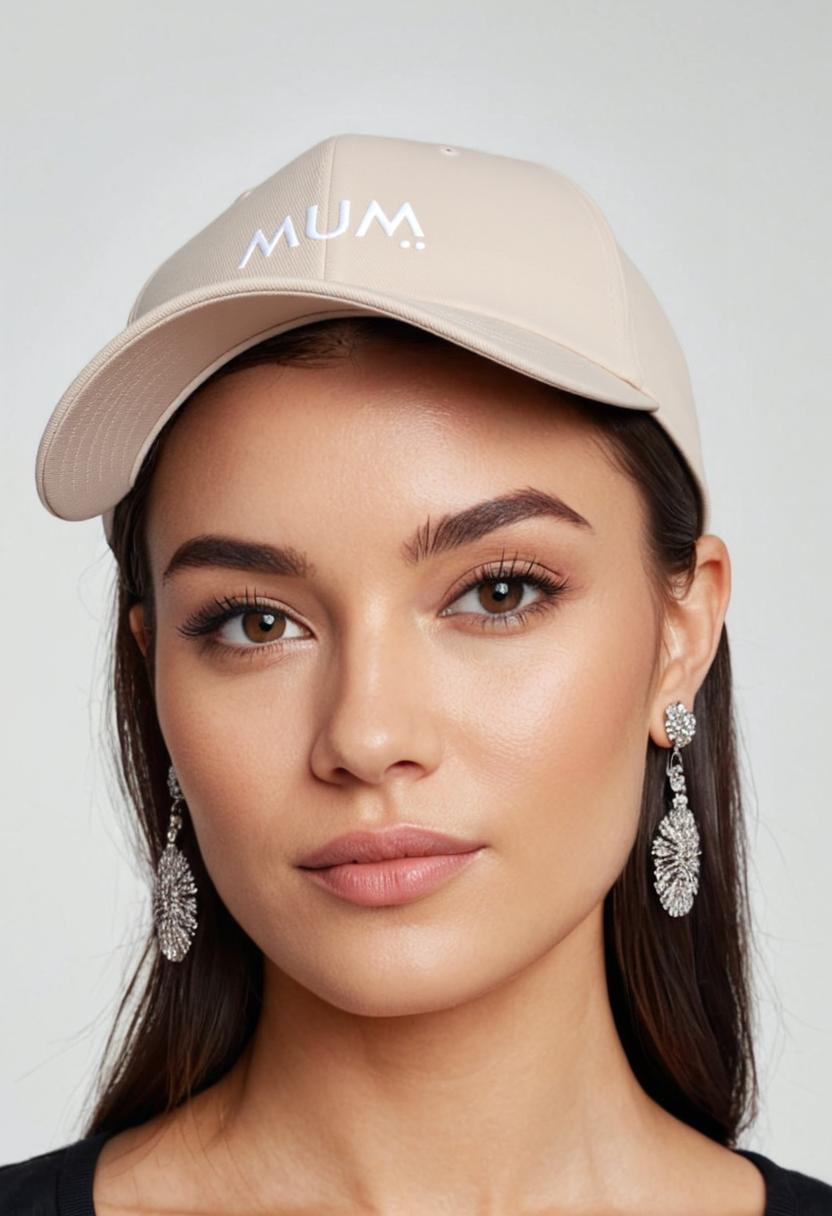 Woman wearing a beige cap with 'MUM' text on a plain background