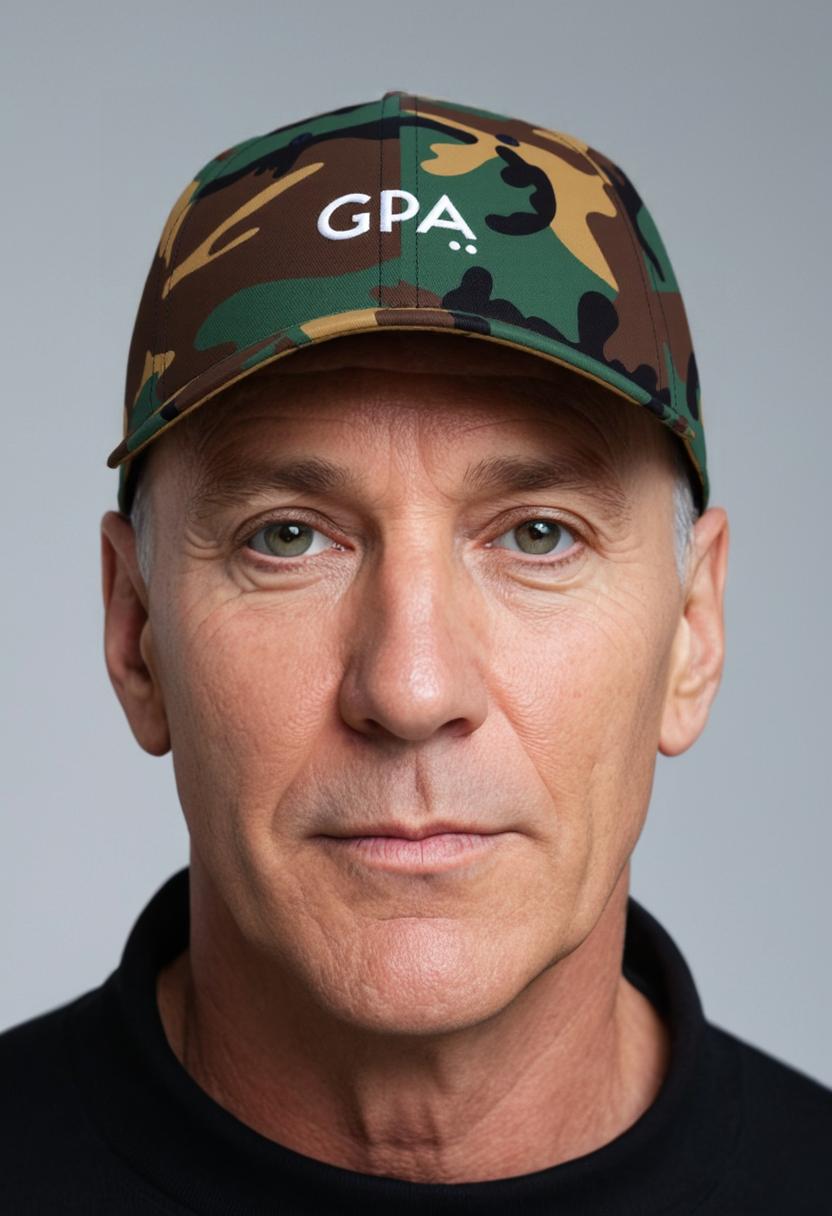 Man wearing a camouflage cap with 'GPA' logo against a gray background