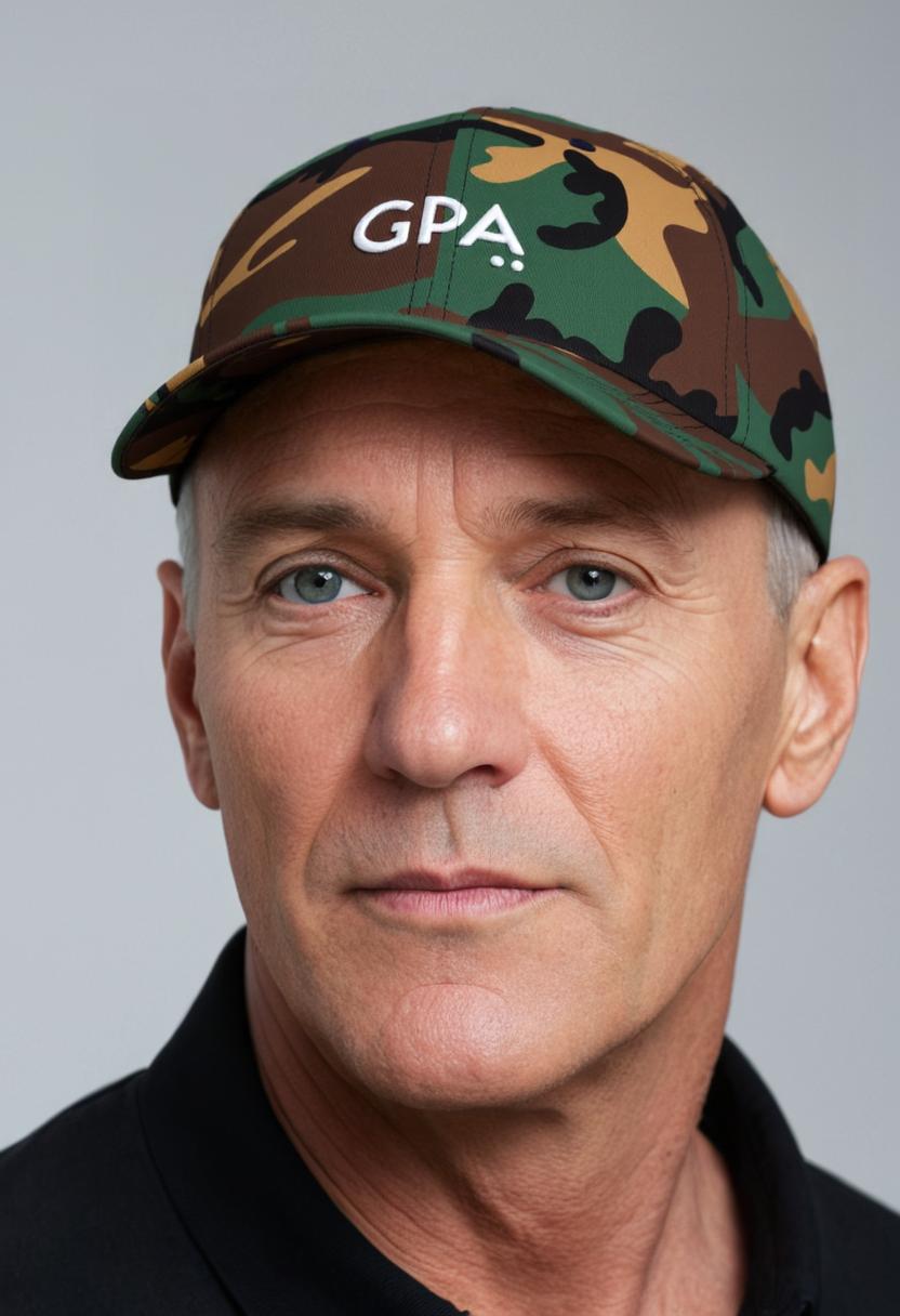 Man wearing a camouflage cap with 'GPA' logo on a gray background