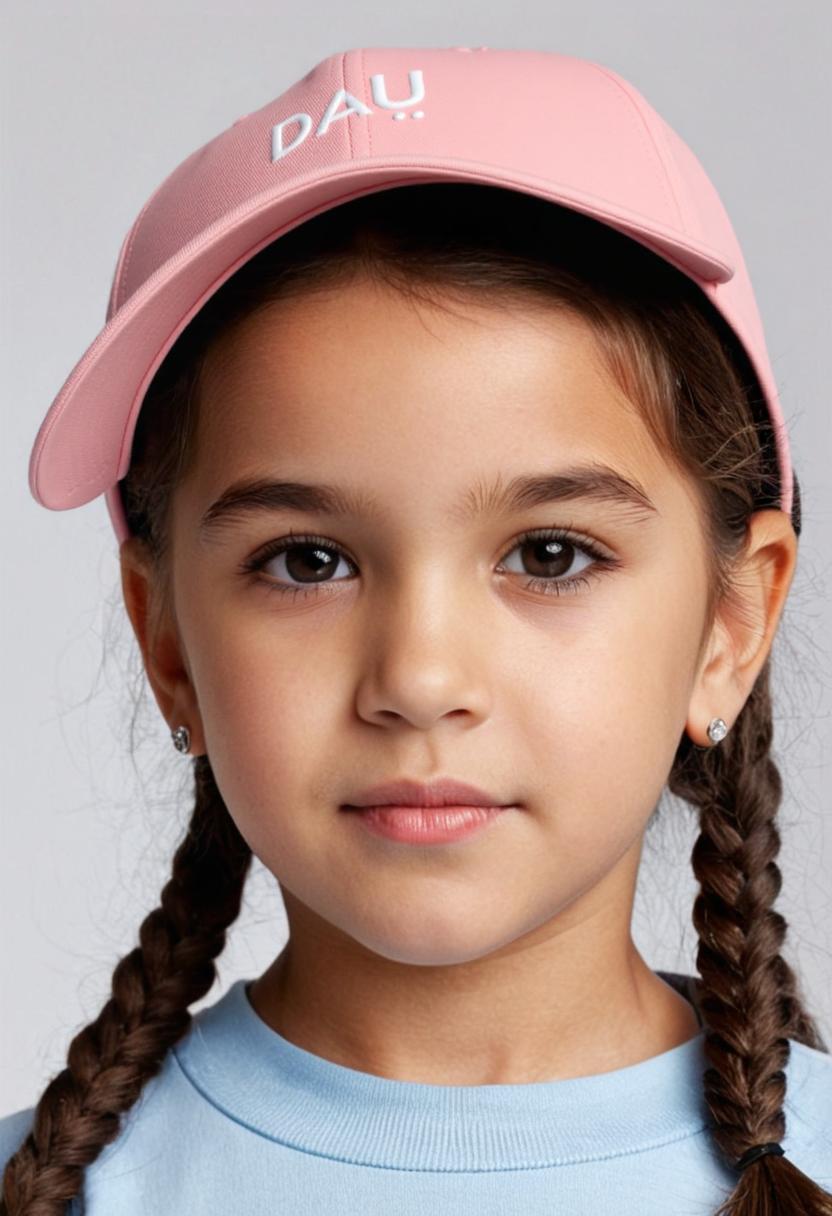 Young girl wearing a pink cap with 'DAU' logo on a plain background