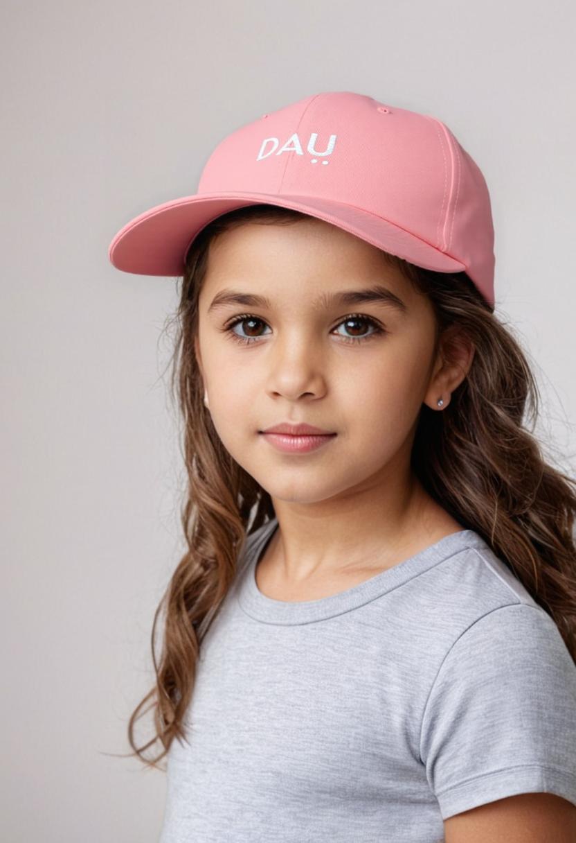 Young girl wearing a pink cap with 'DAU' logo on a plain background