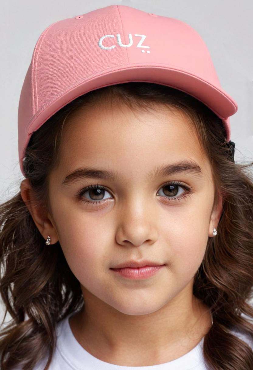 Young girl wearing a pink cap with 'CUZ' on a gray background