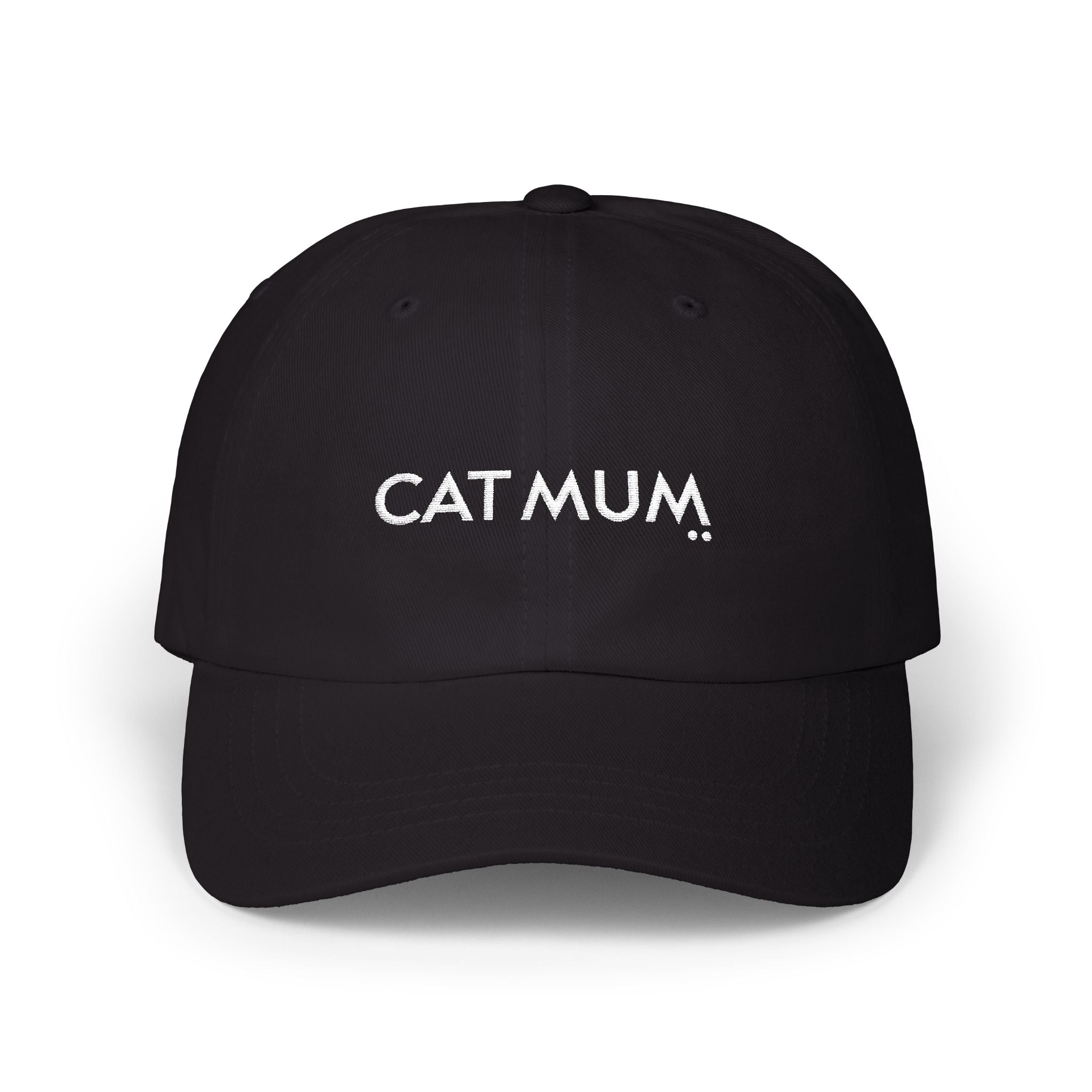 Black cap with 'CAT MUM' text on a white background