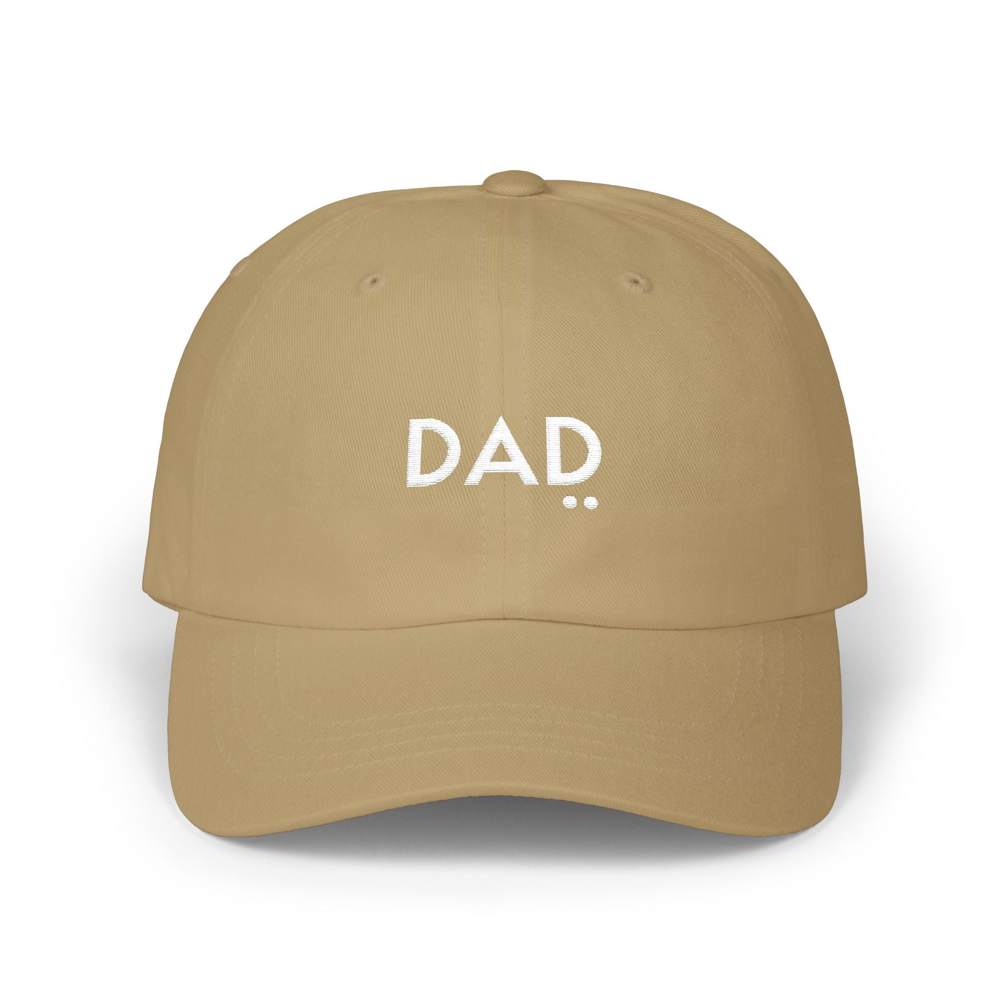 Beige cap with 'DAD' embroidered on a white background