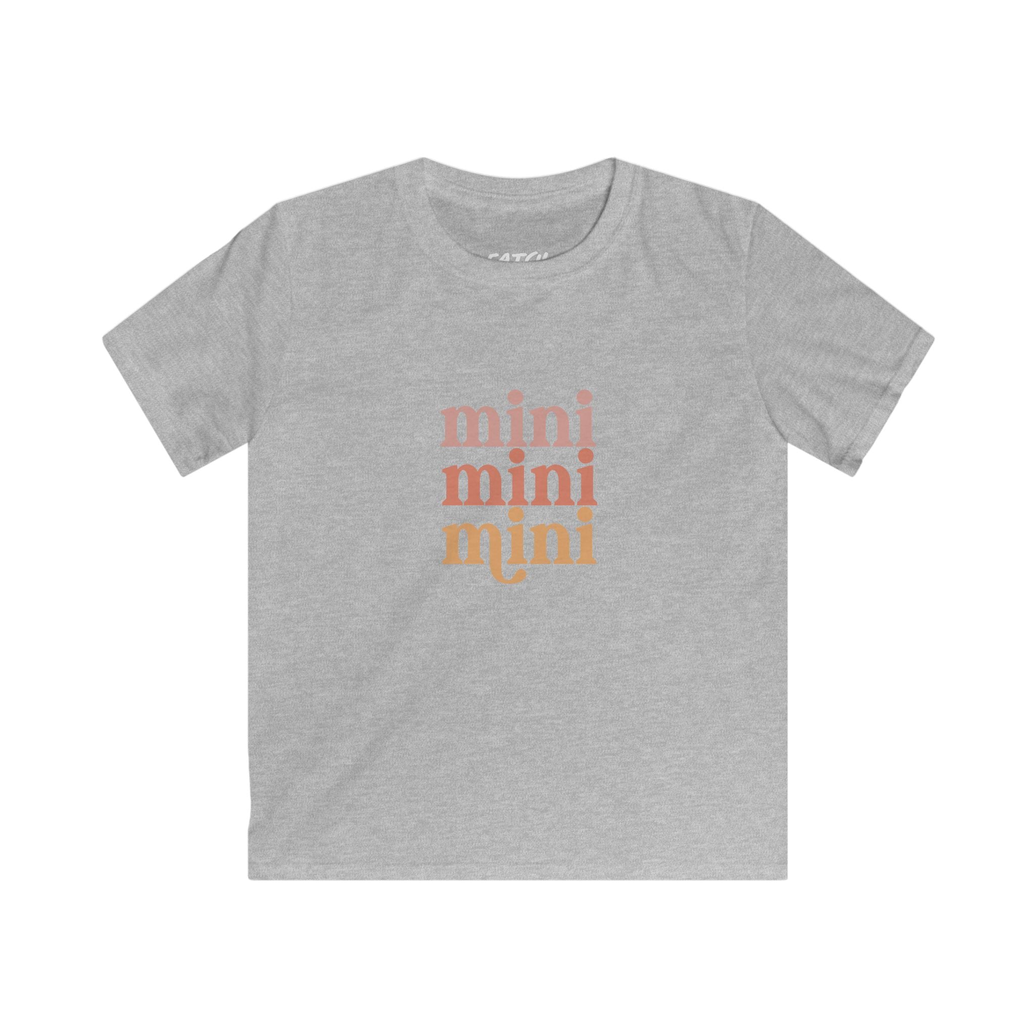 Gray t-shirt with 'mini' text in orange on a white background
