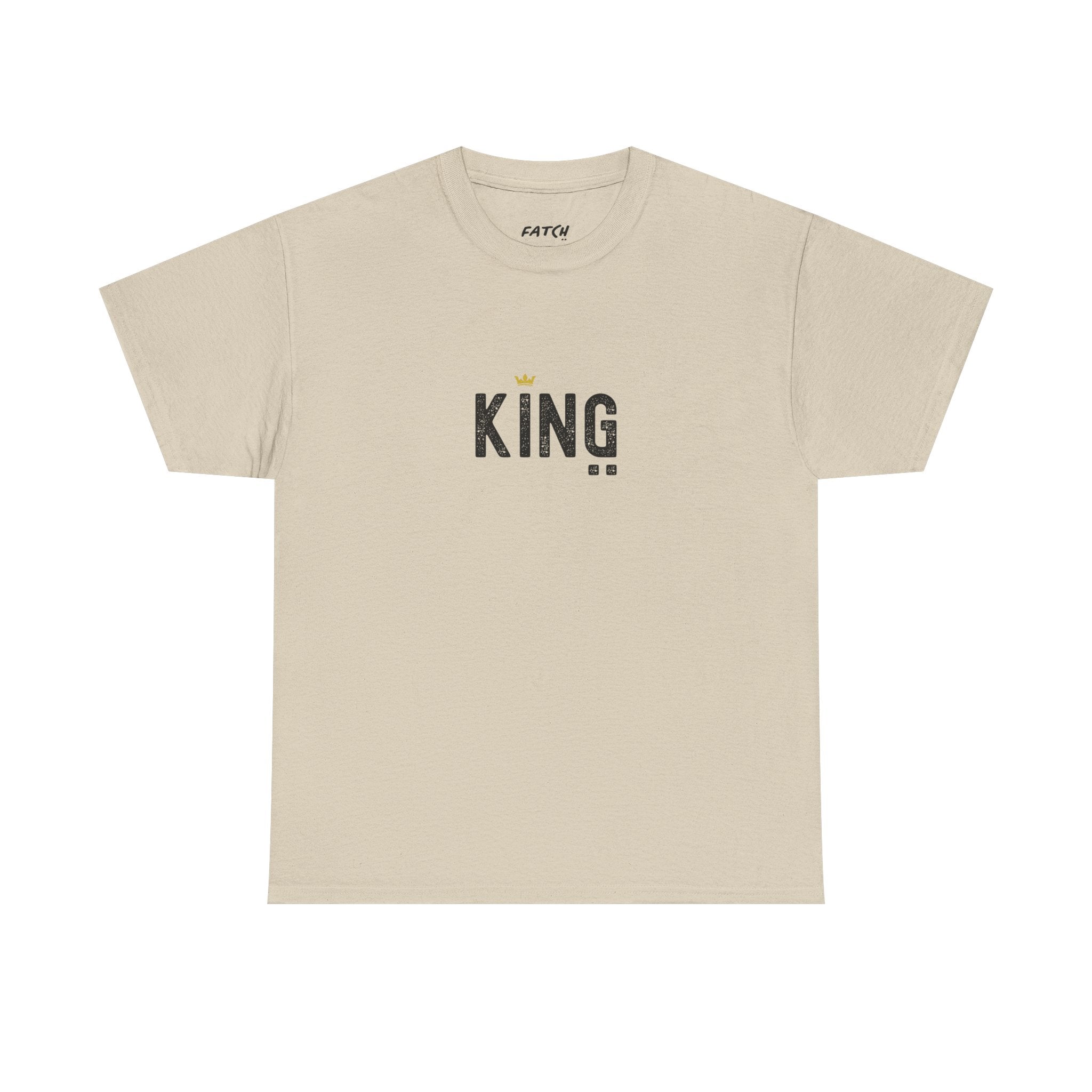 Beige t-shirt with 'KING' text on a white background