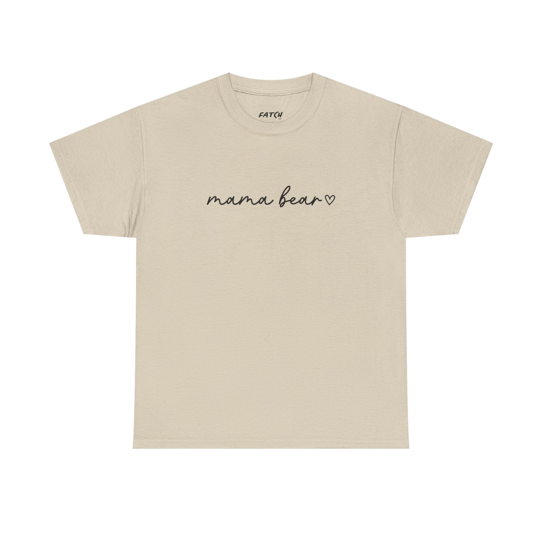 Beige t-shirt with 'mama bear' text on a white background
