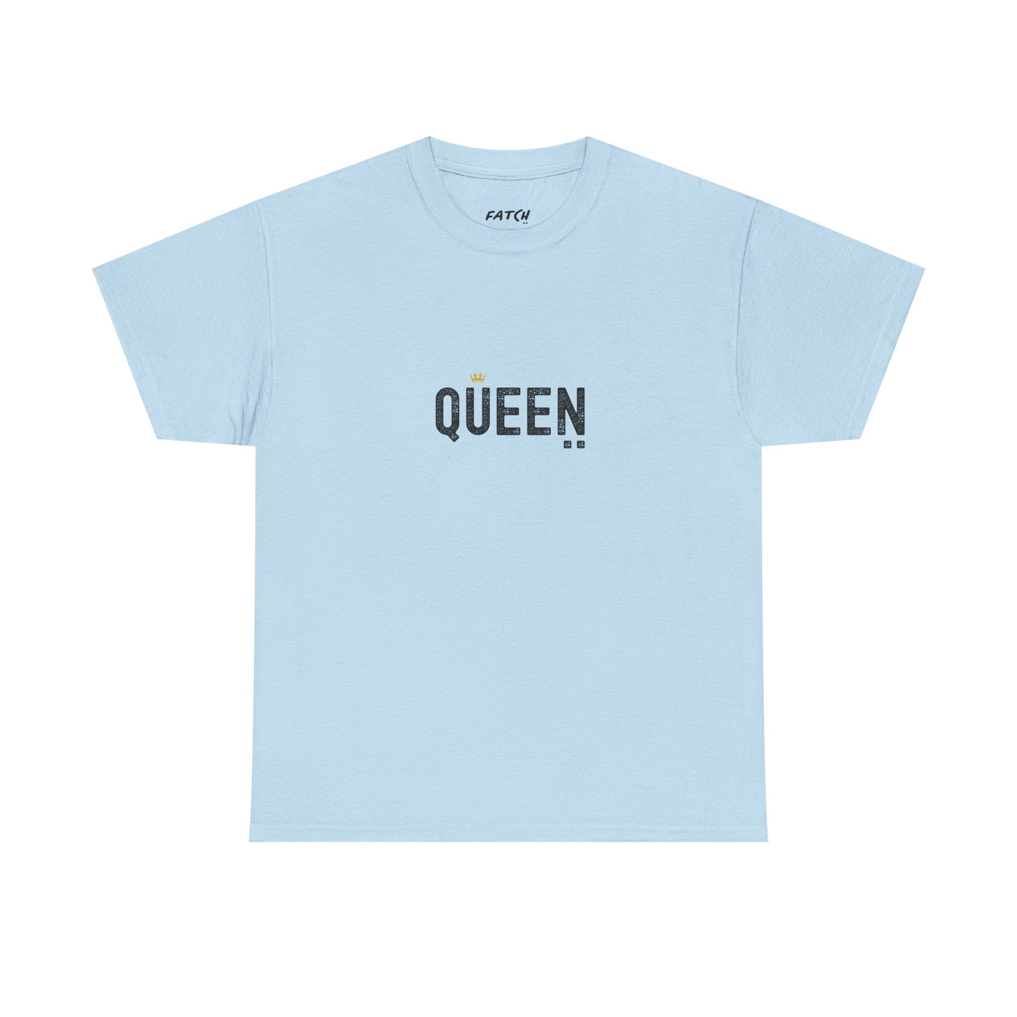 Light blue t-shirt with 'QUEEN' text on a white background
