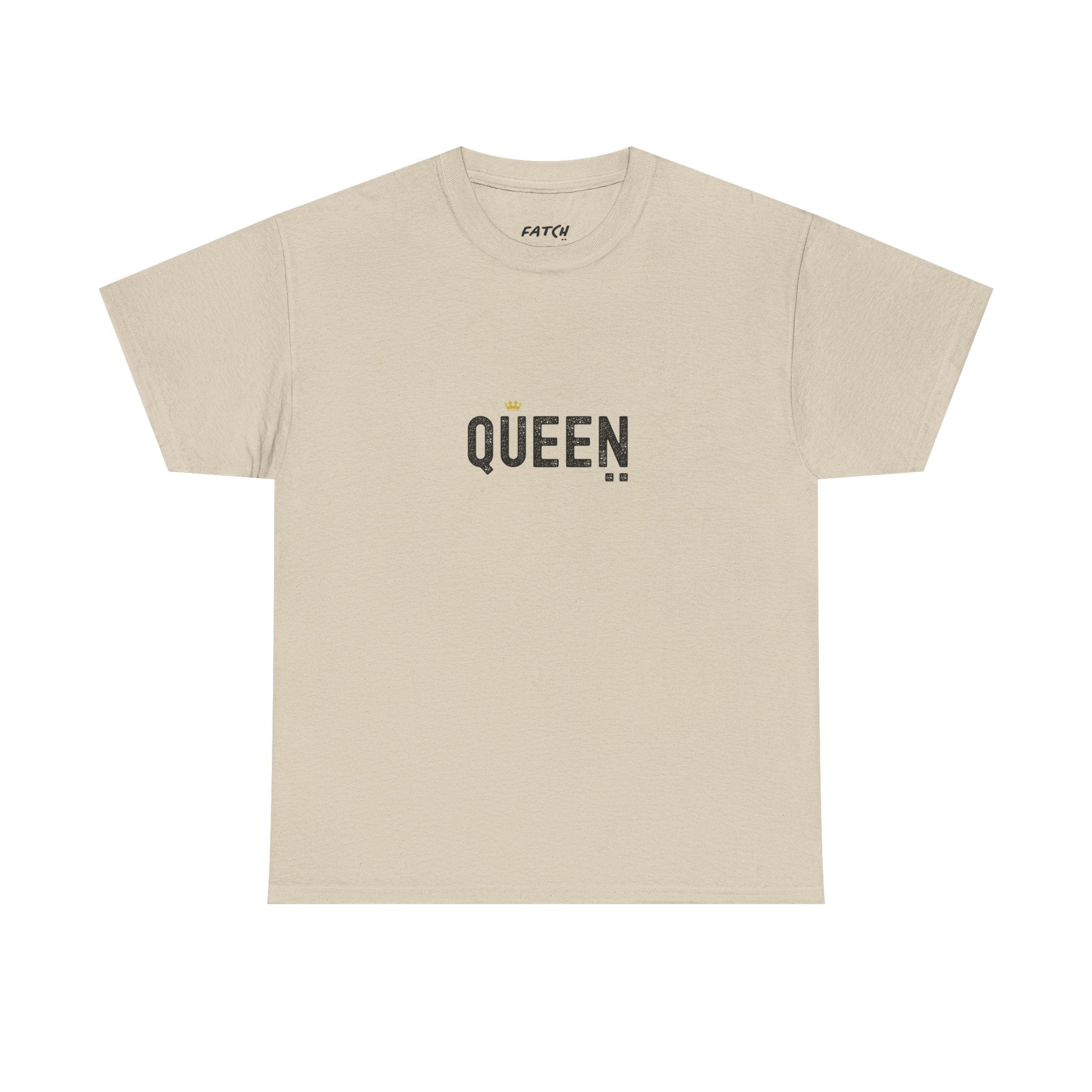 Beige t-shirt with 'QUEEN' text on a white background