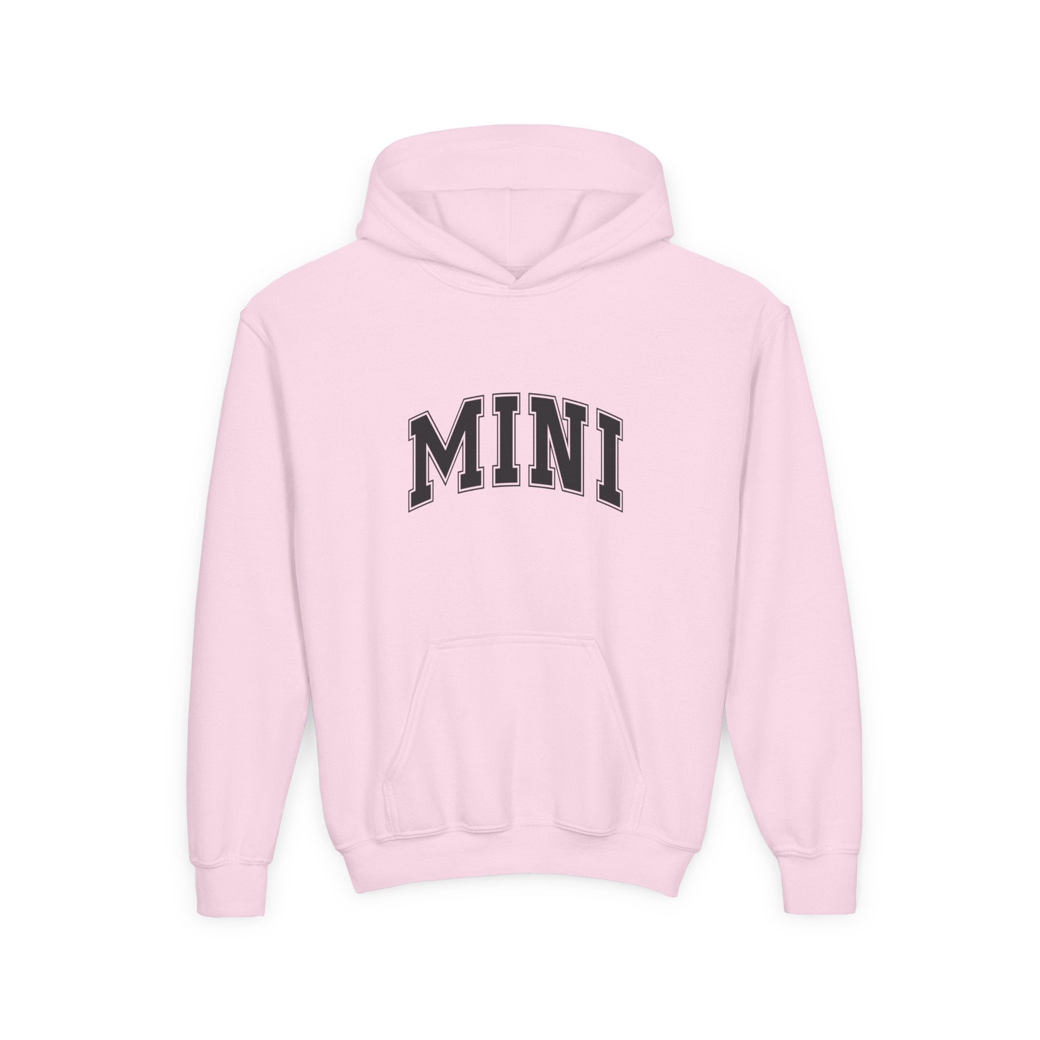 Pink hoodie with 'MINI' text on a white background