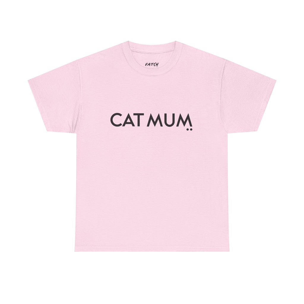 Pink t-shirt with 'CAT MUM' text on a white background