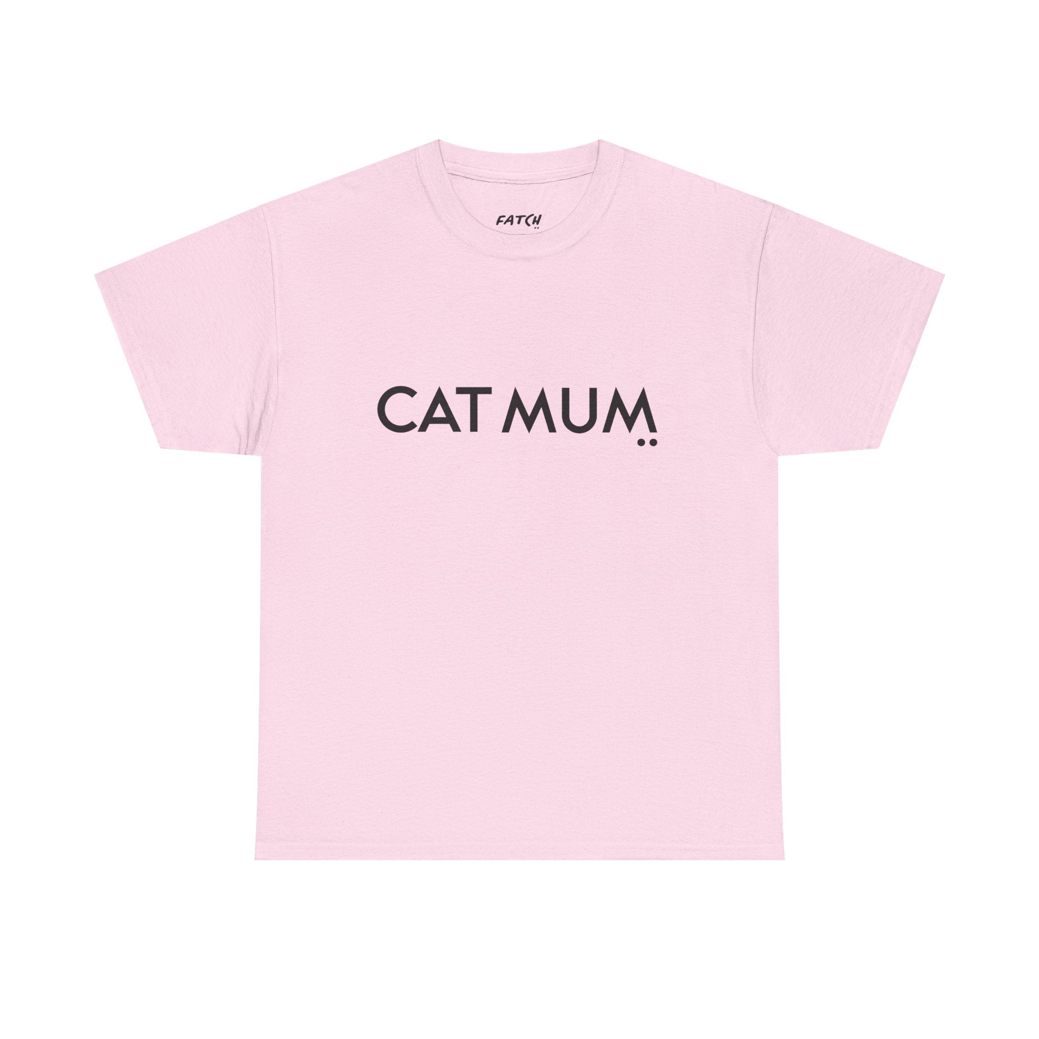 Pink t-shirt with 'CAT MUM' text on a white background