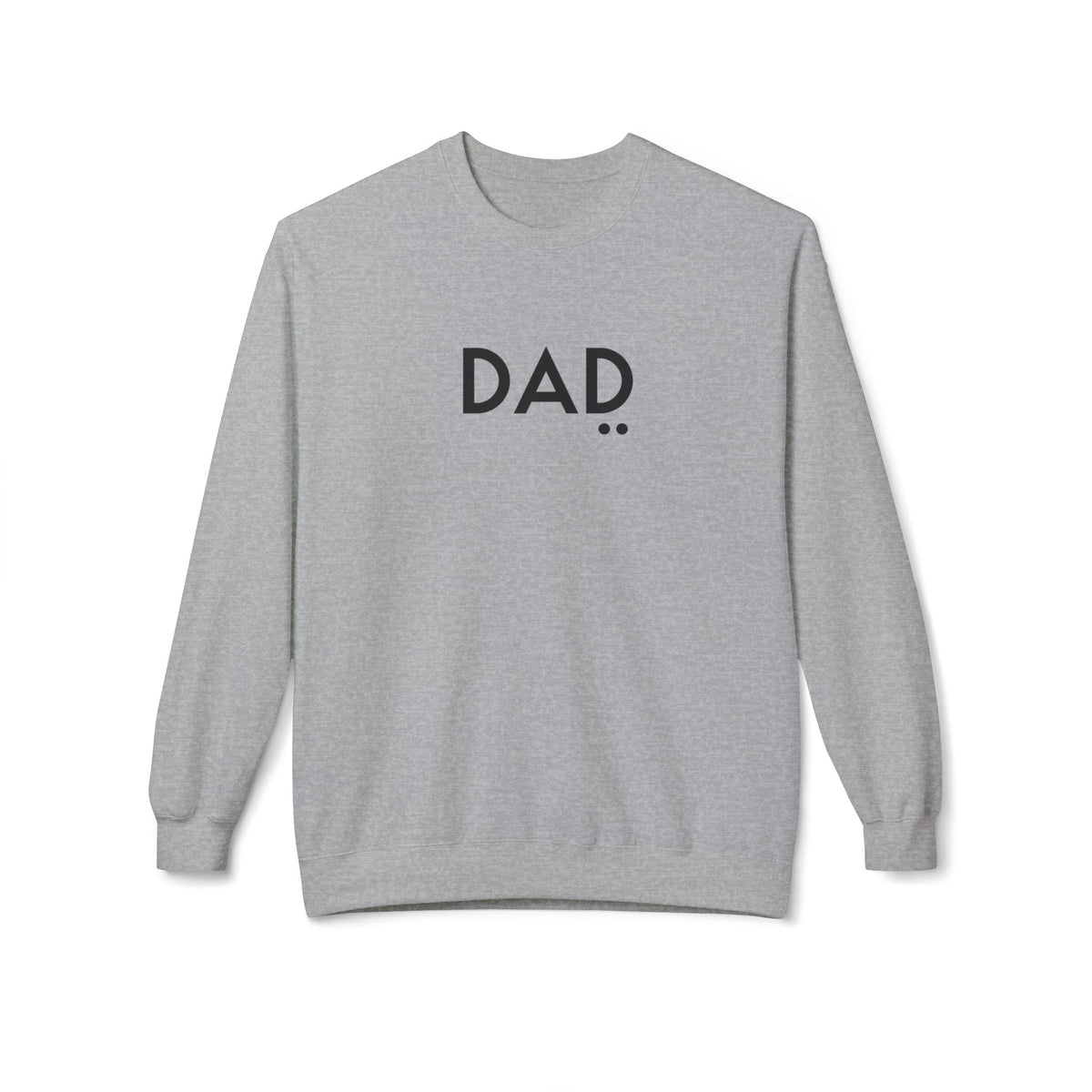 Gray sweatshirt with 'DAD' printed on it against a white background