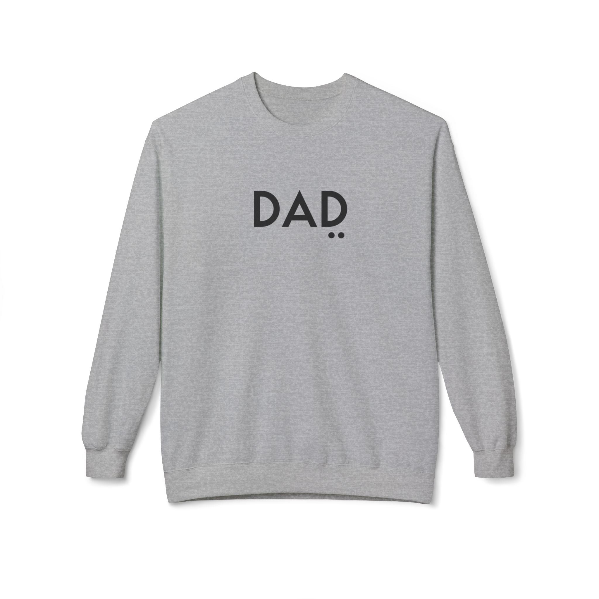 Gray sweatshirt with 'DAD' printed on it against a white background