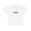 White t-shirt with 'QUEEN' text on a white background