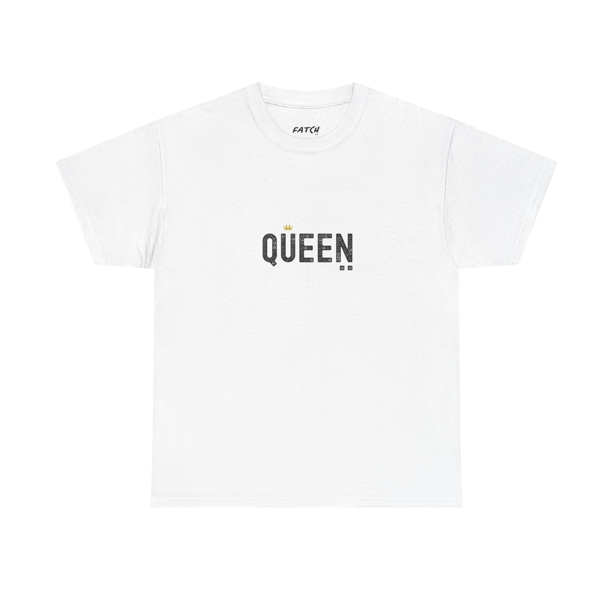 White t-shirt with 'QUEEN' text on a white background