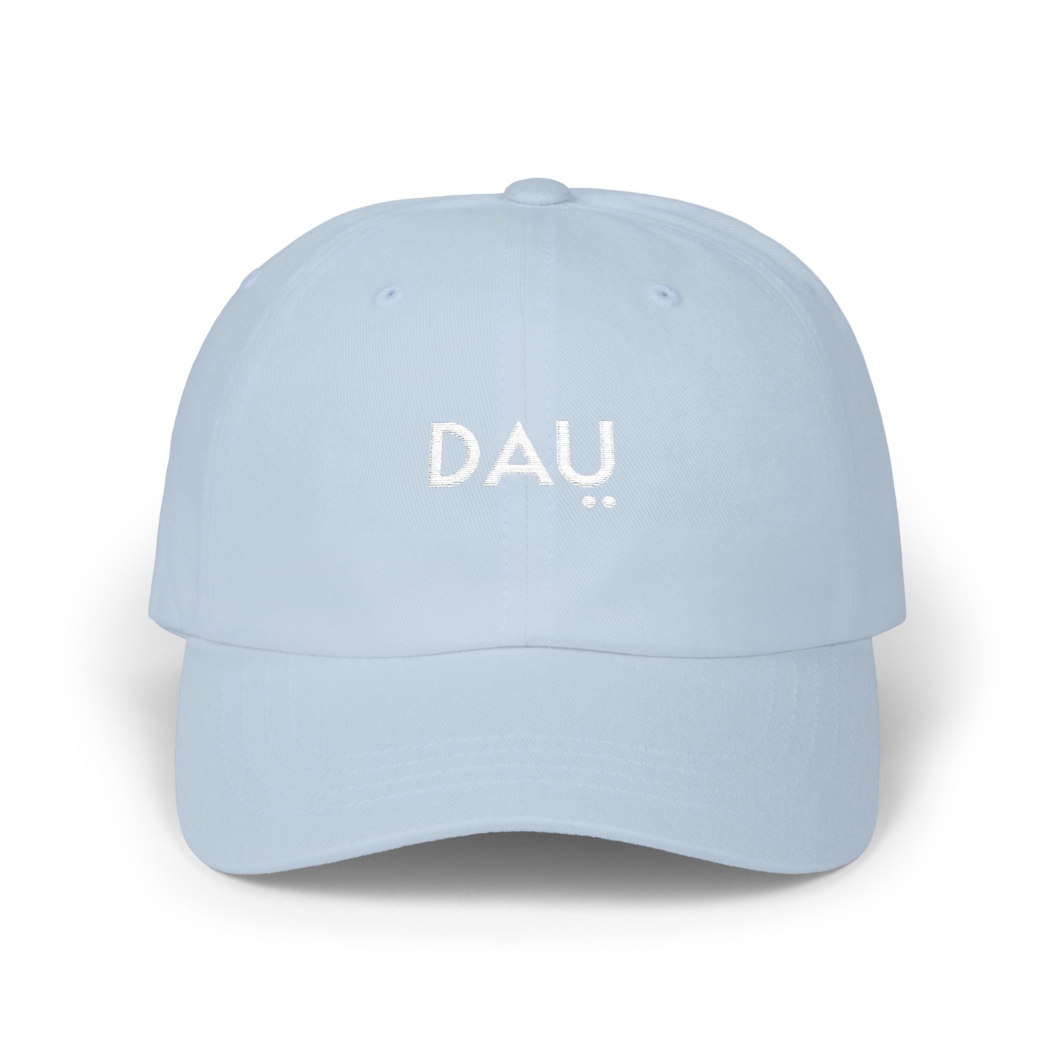 Light blue cap with 'DAU' embroidered on a white background