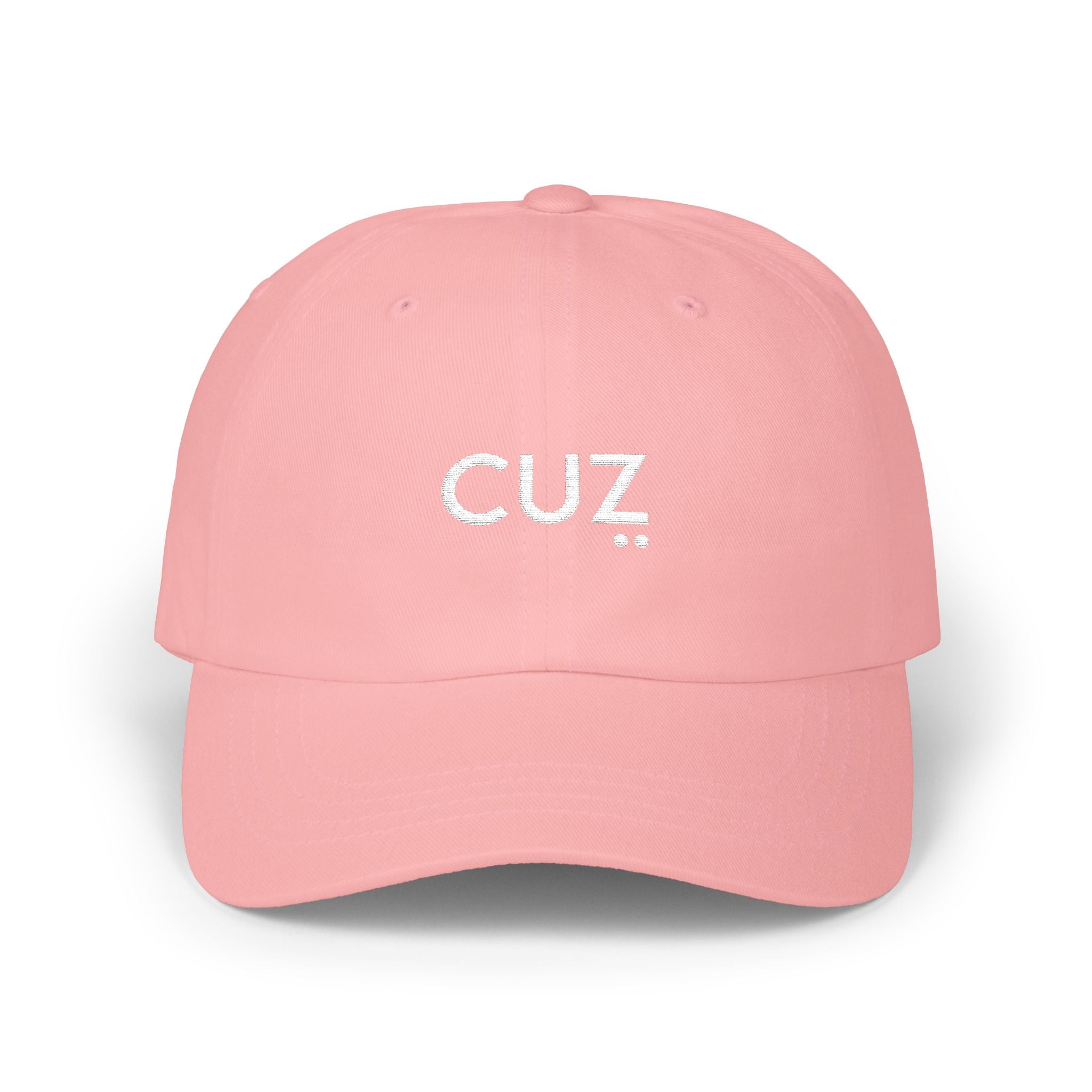 Pink cap with 'CUZ' text on a white background