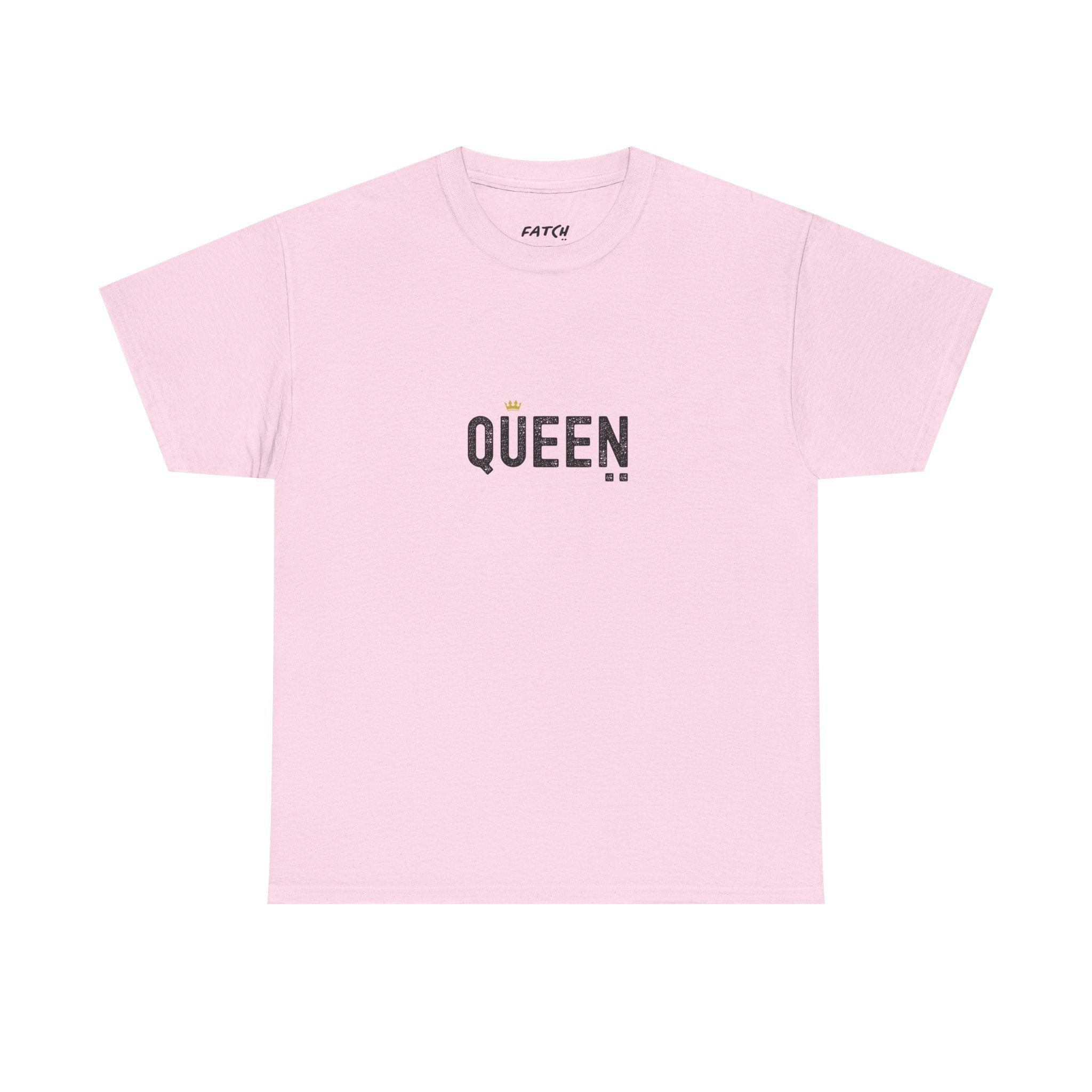 Pink t-shirt with 'QUEEN' text on a white background