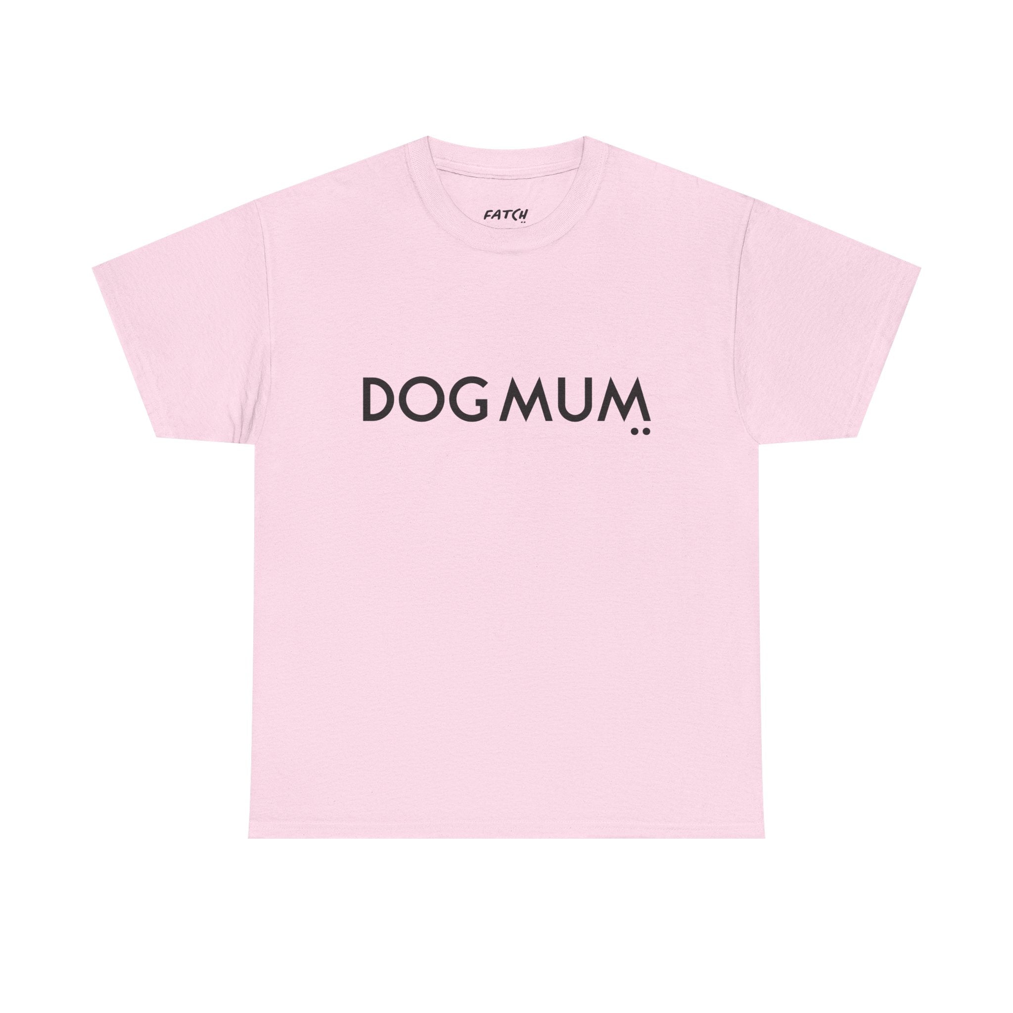 Pink t-shirt with 'DOG MUM' text on a white background