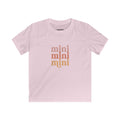 Pink t-shirt with 'mini' text in gold on a white background