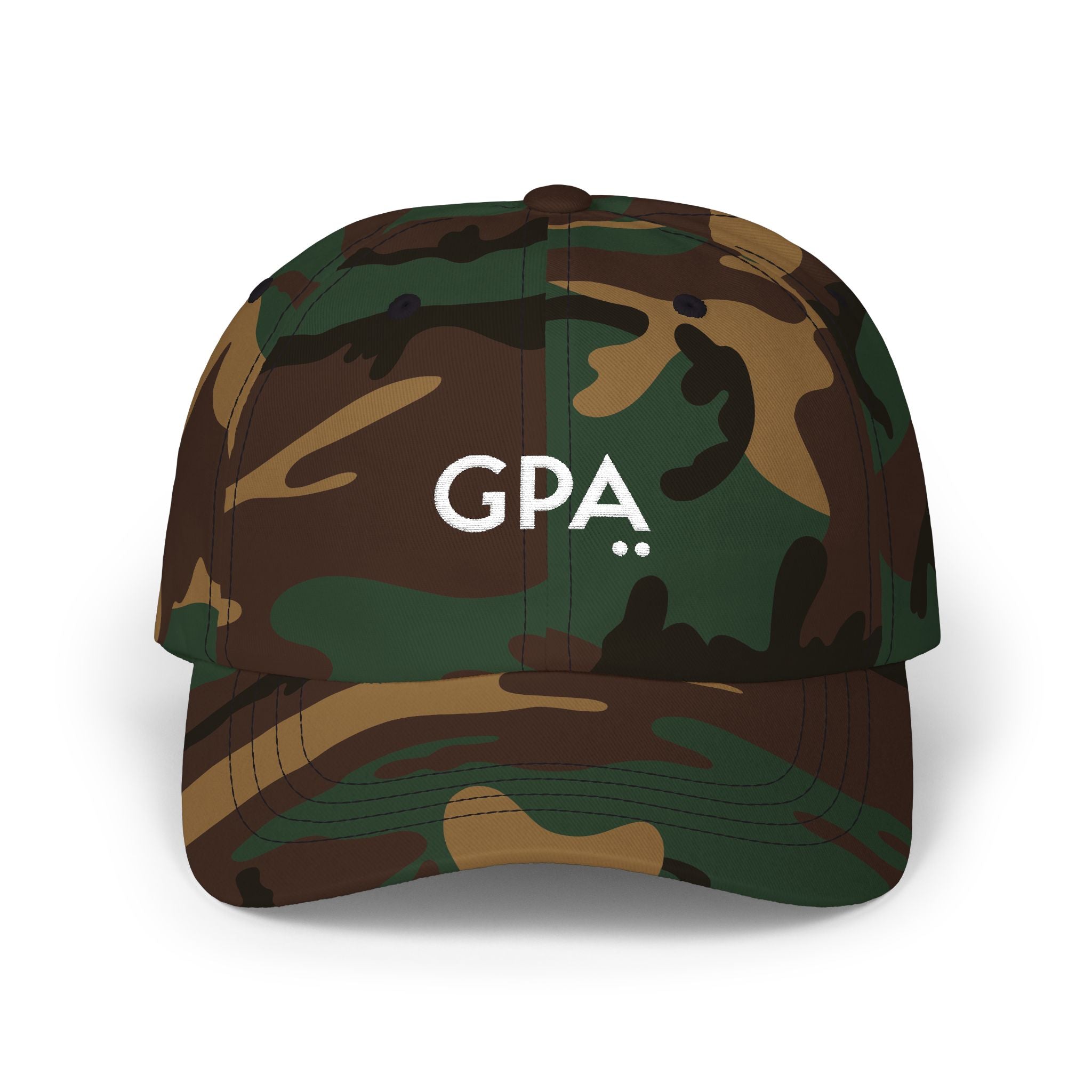 Camouflage cap with 'GPA' logo on a white background