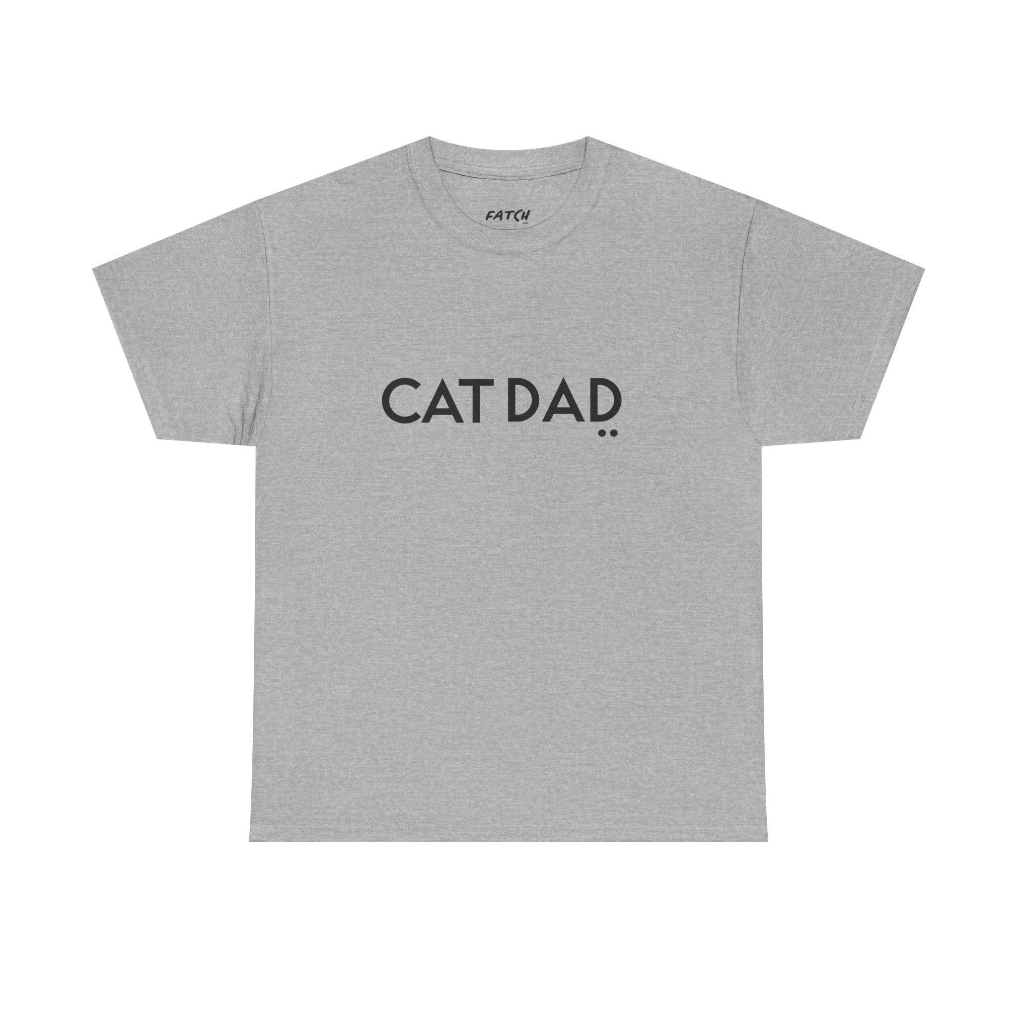 Gray t-shirt with 'CAT DAD' text on a white background