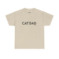 Beige t-shirt with 'CAT DAD' text on a white background
