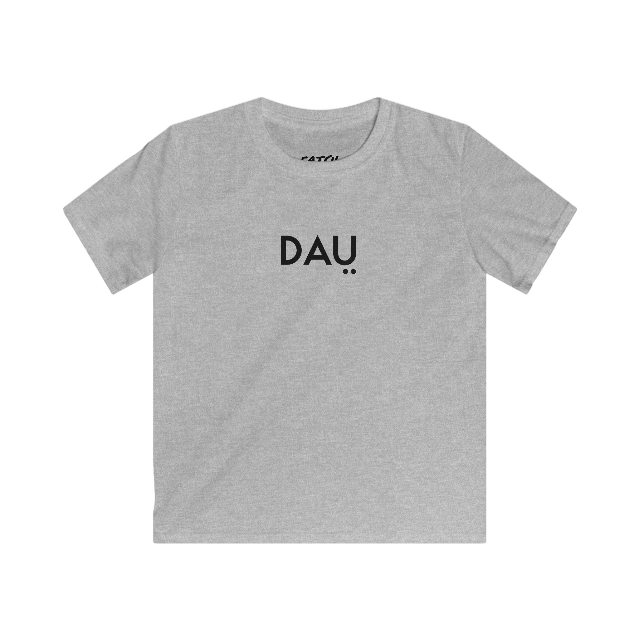 Gray t-shirt with 'DAU' printed on it against a white background