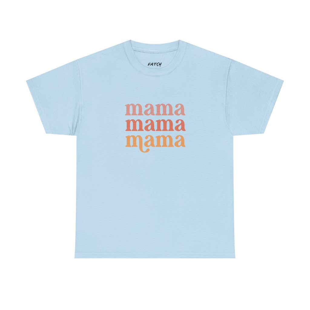 Light blue t-shirt with 'mama' printed in orange multiple times on a white background