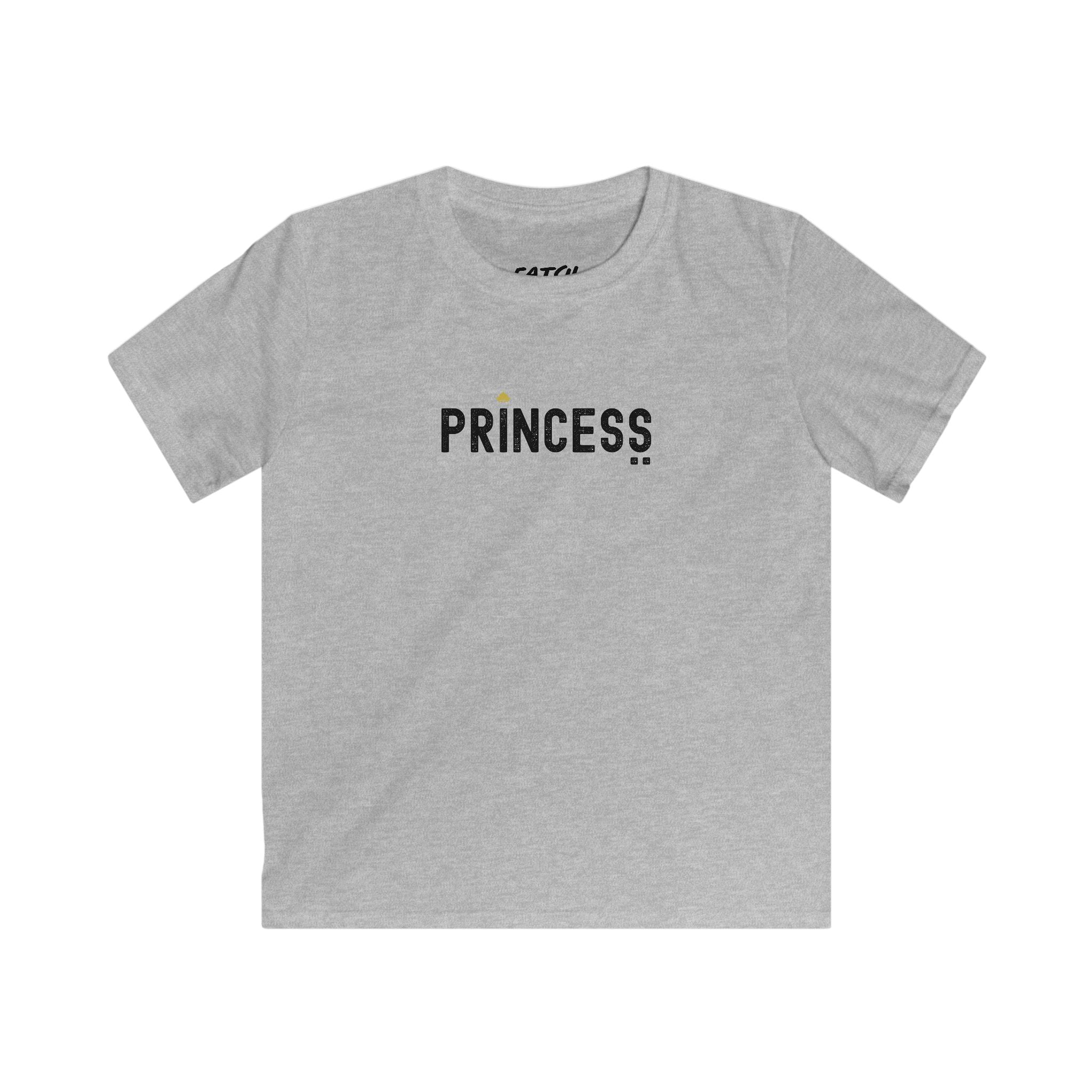 Gray t-shirt with 'PRINCESS' text on a white background