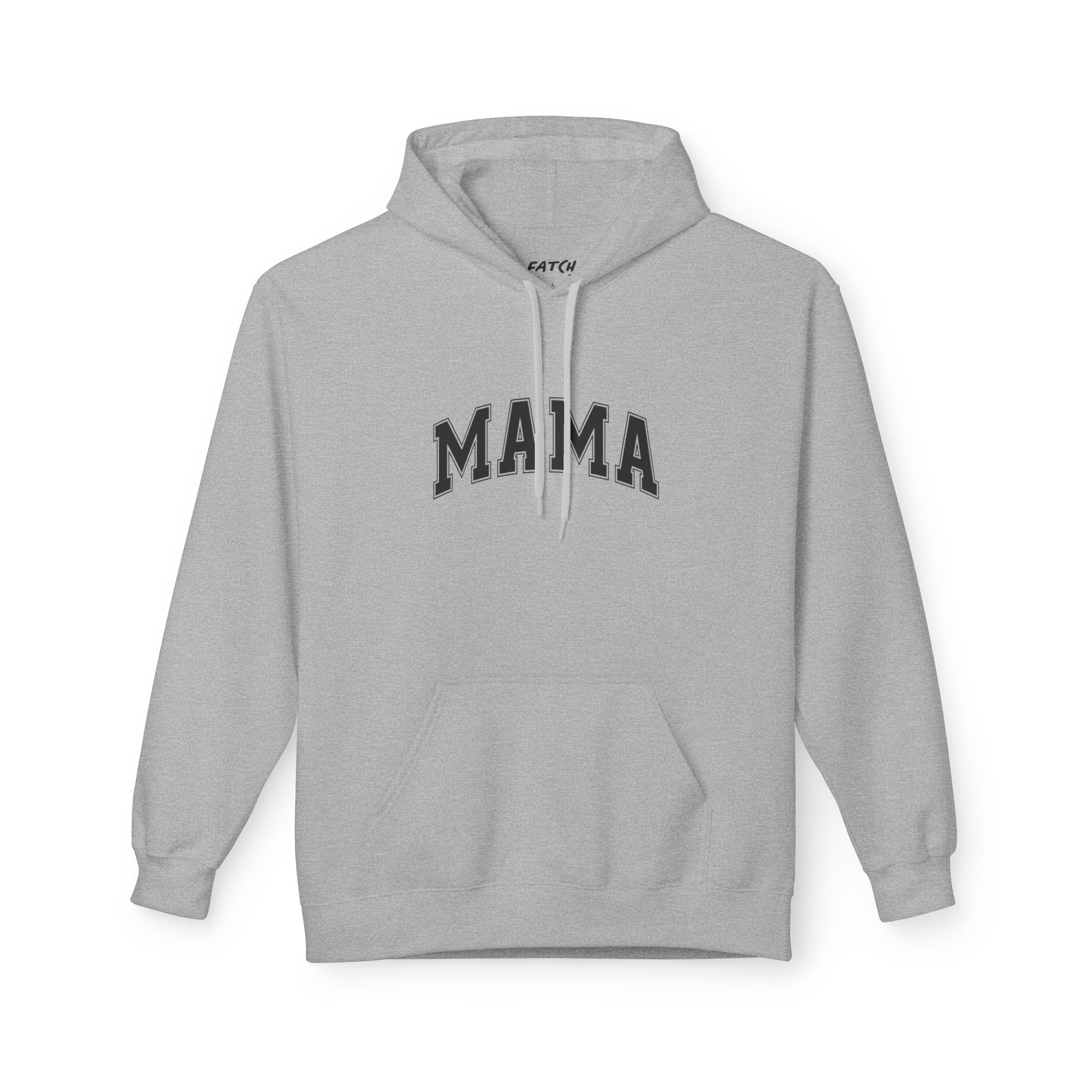 Gray hoodie with 'MAMA' text on a white background