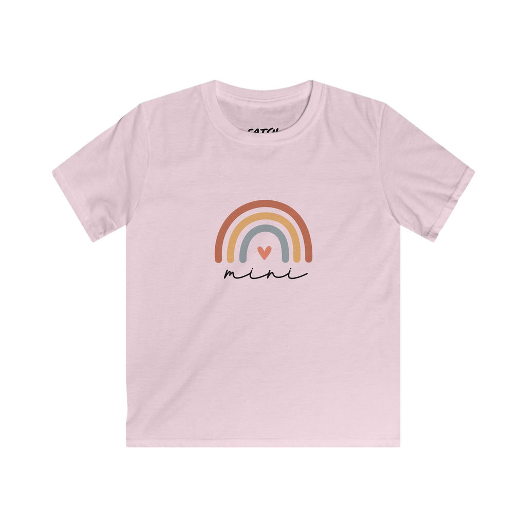 Pink t-shirt with a rainbow and 'mini' text on a white background