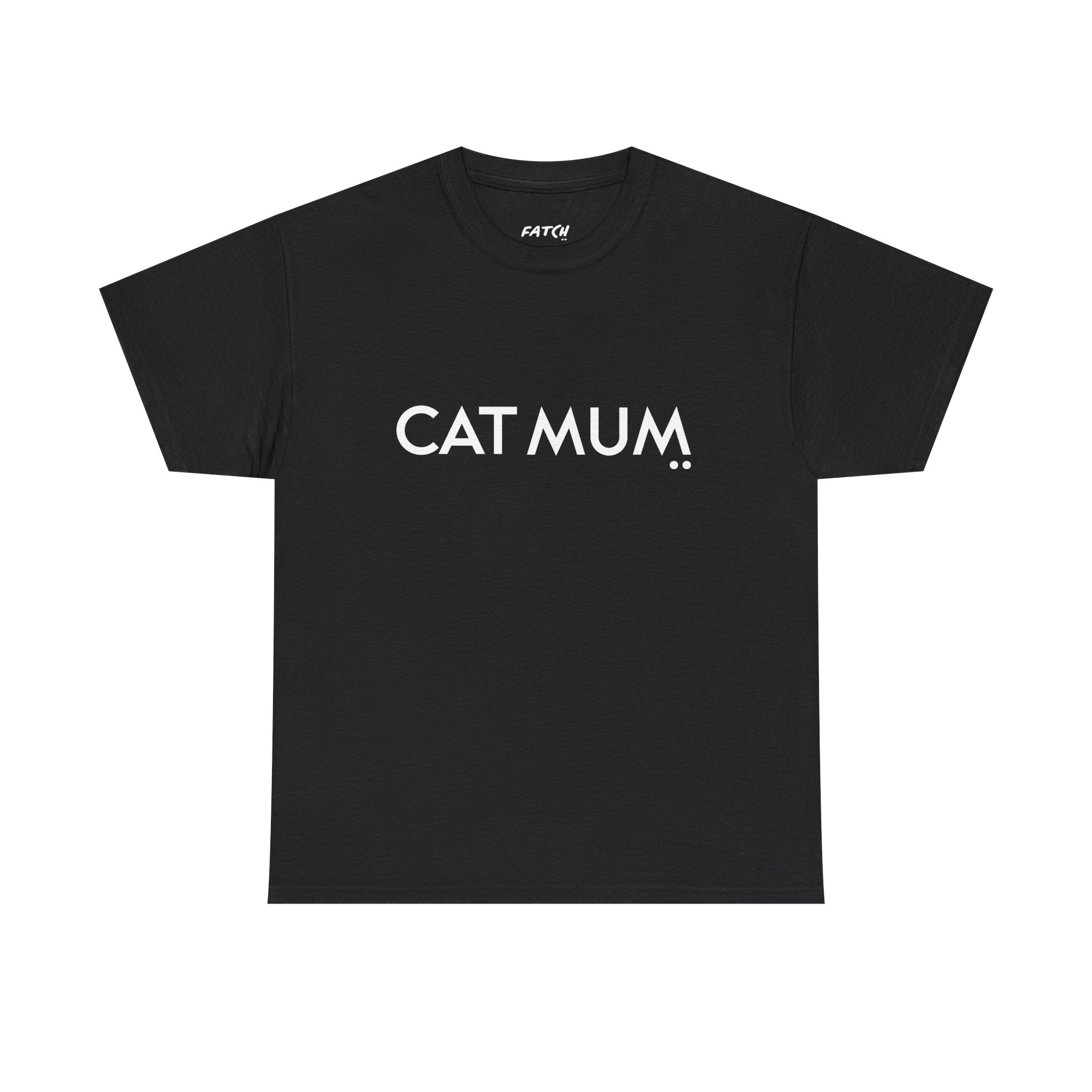 Black t-shirt with 'CAT MUM' text on a white background