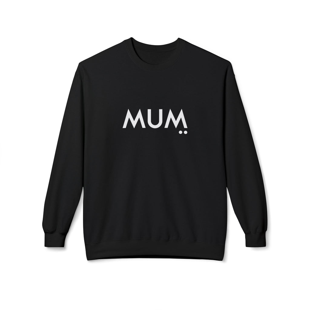 Black sweatshirt with 'MUM' printed on it against a white background
